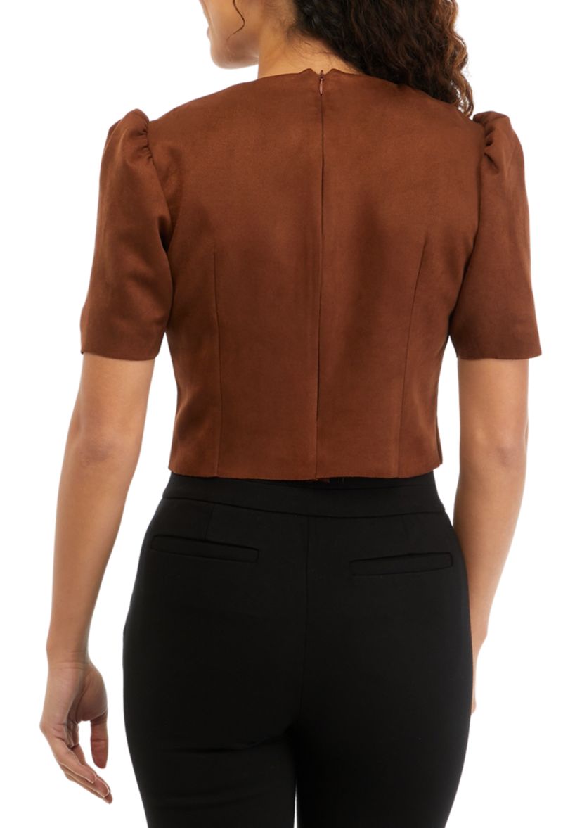 Petite Short Puff Sleeve Suede Blouse