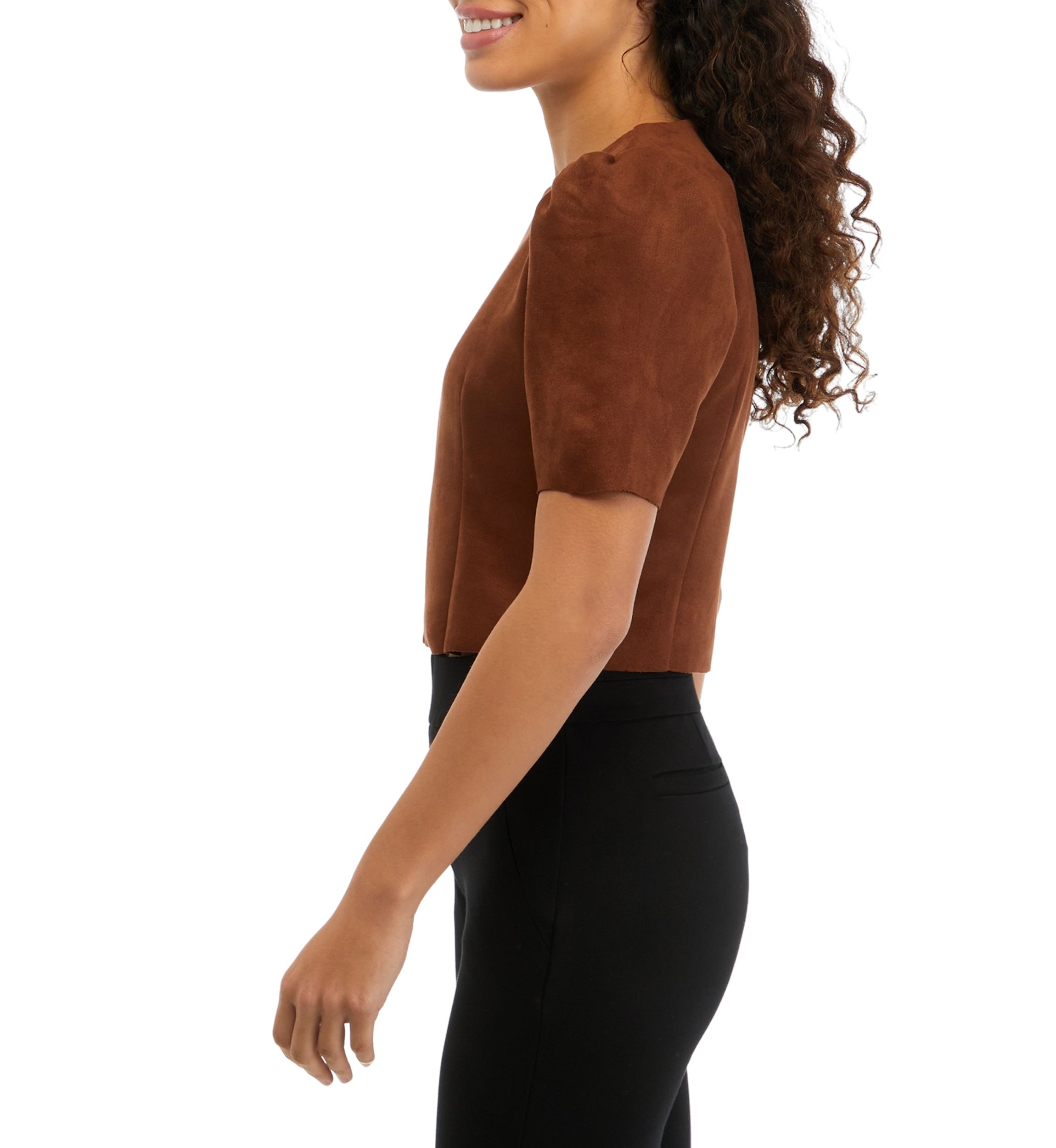 Petite Short Puff Sleeve Suede Blouse
