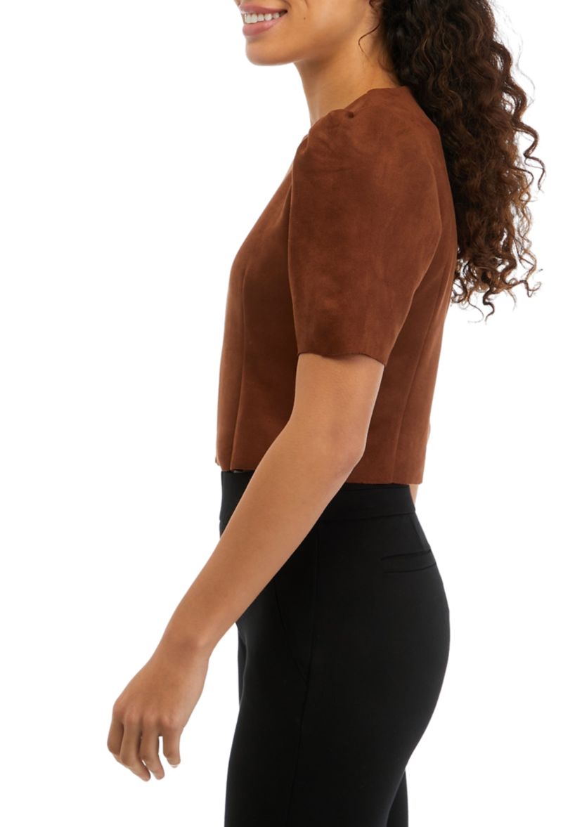 Petite Short Puff Sleeve Suede Blouse