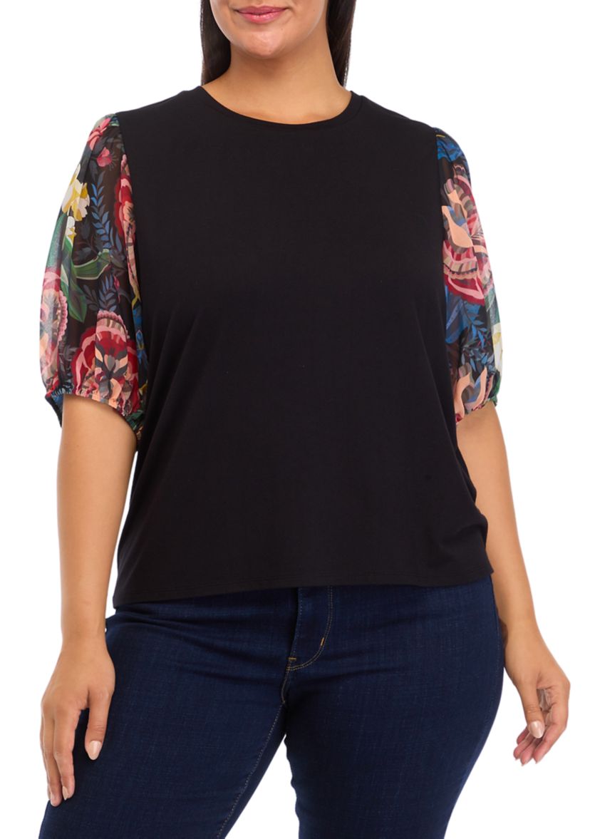 	  Plus Size Elbow Blouson Sleeve Top 