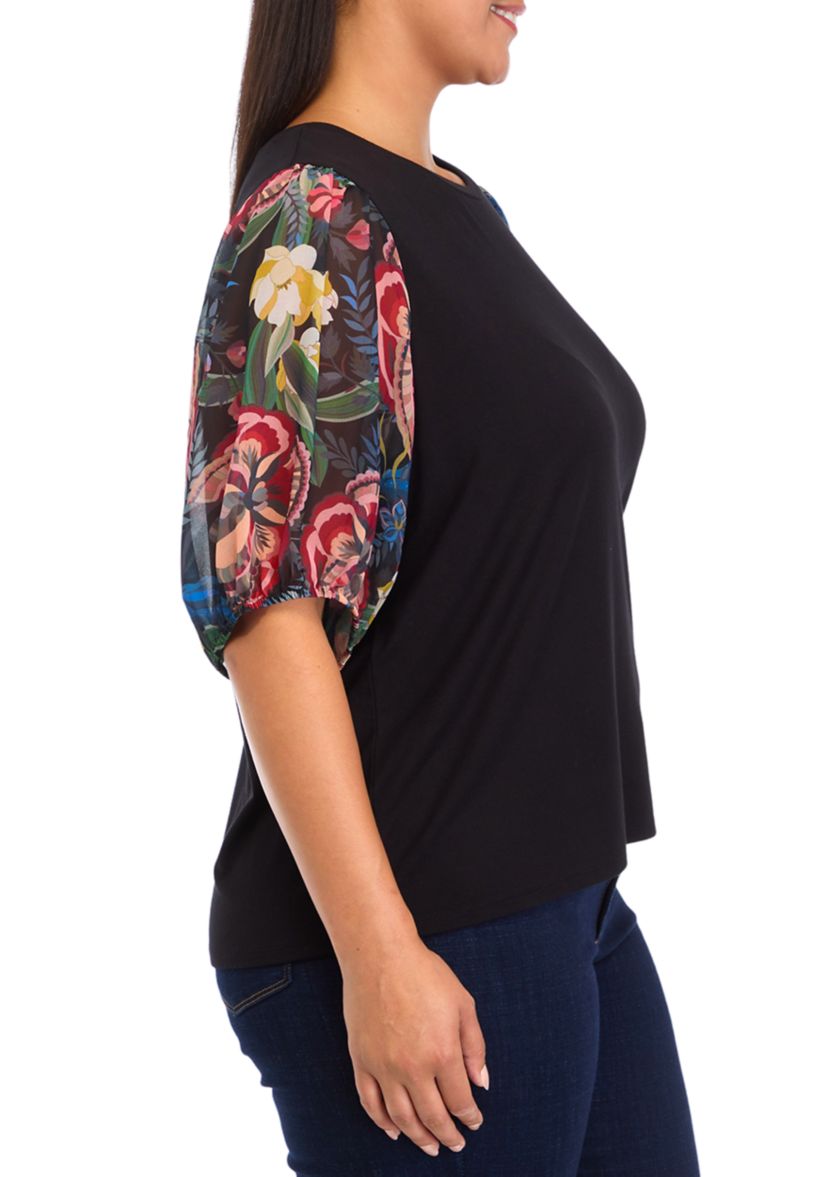 	  Plus Size Elbow Blouson Sleeve Top 