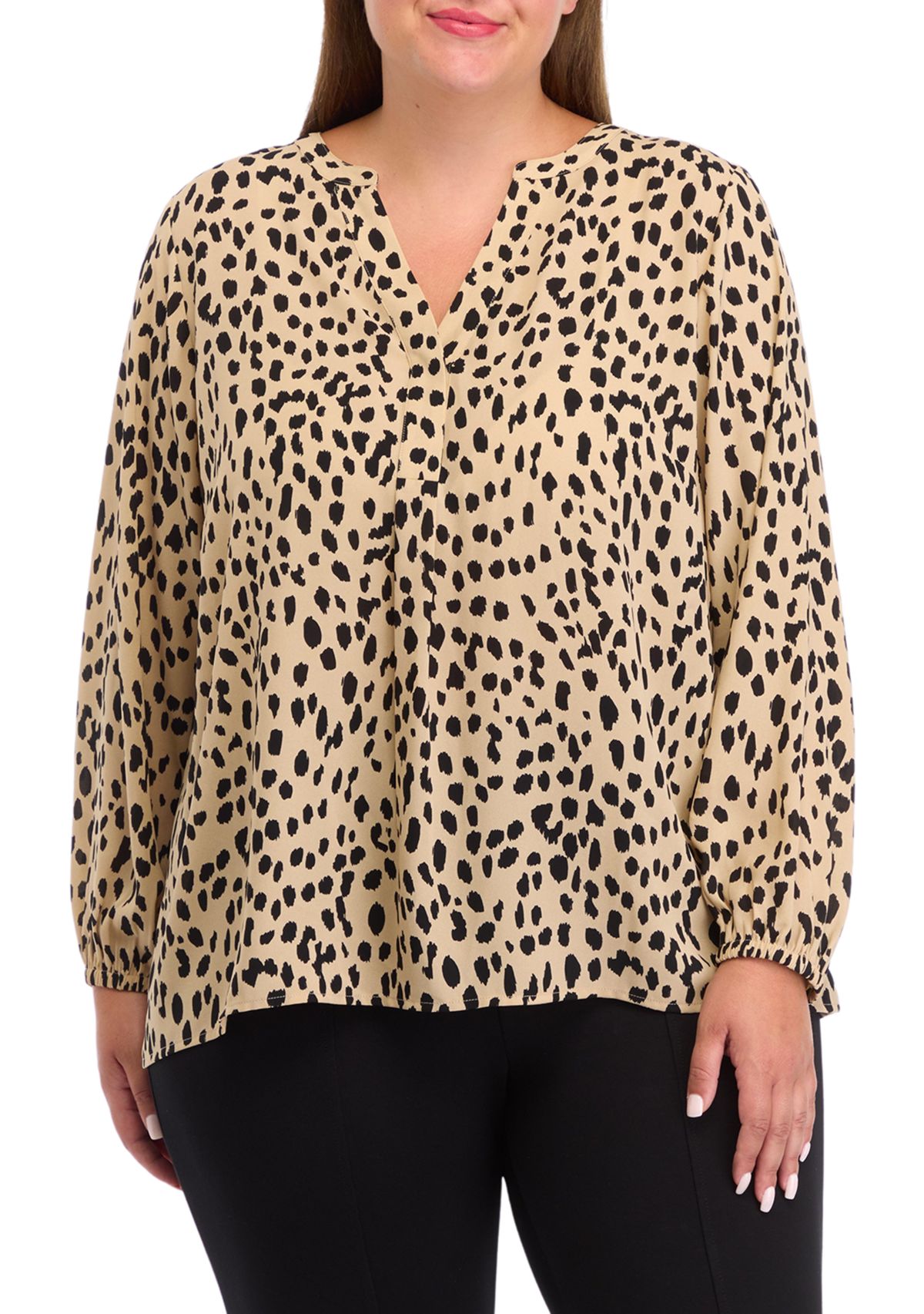 Plus Size Long Sleeve Split Neck Woven Top 