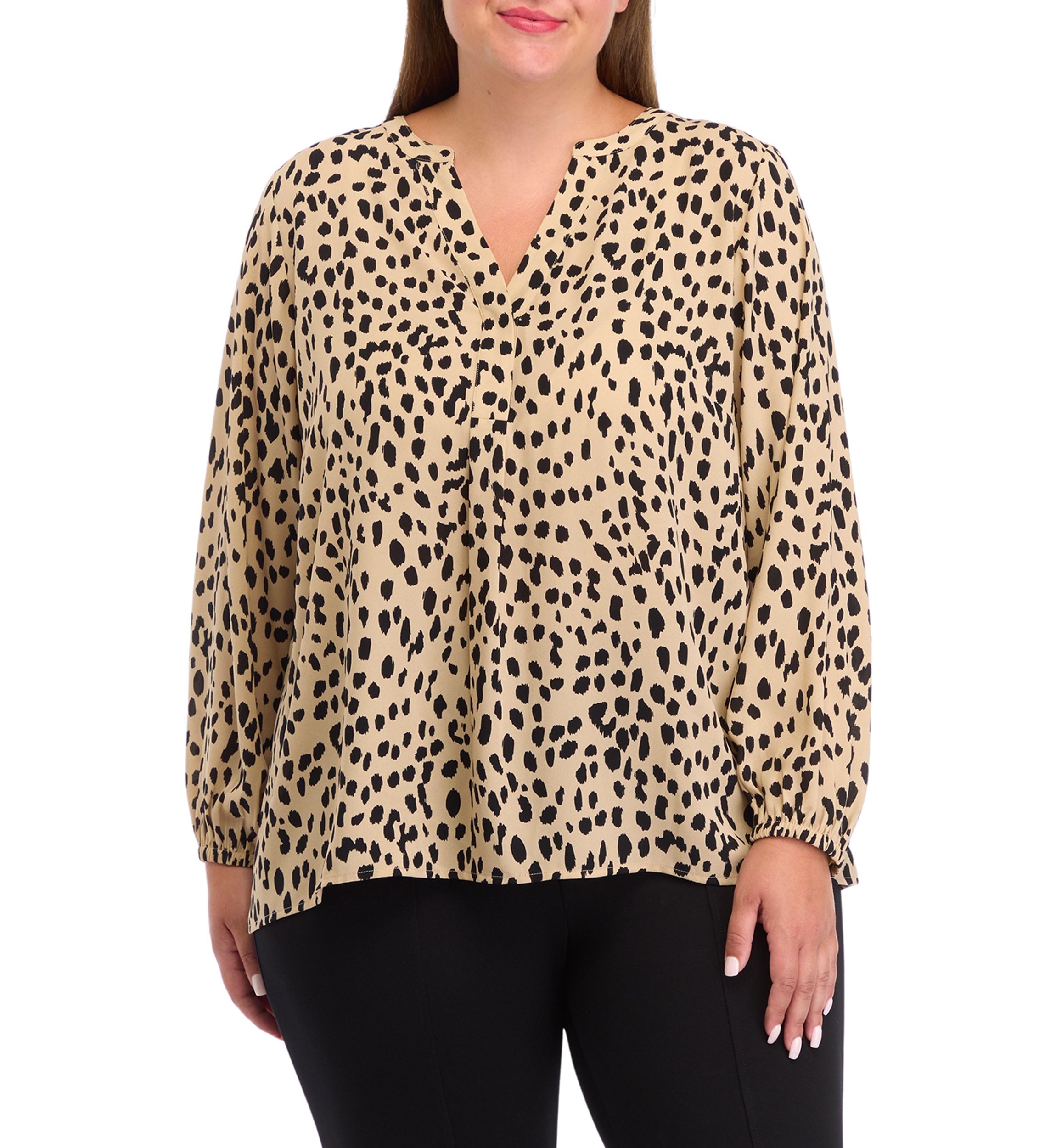 Plus Size Long Sleeve Split Neck Woven Top 