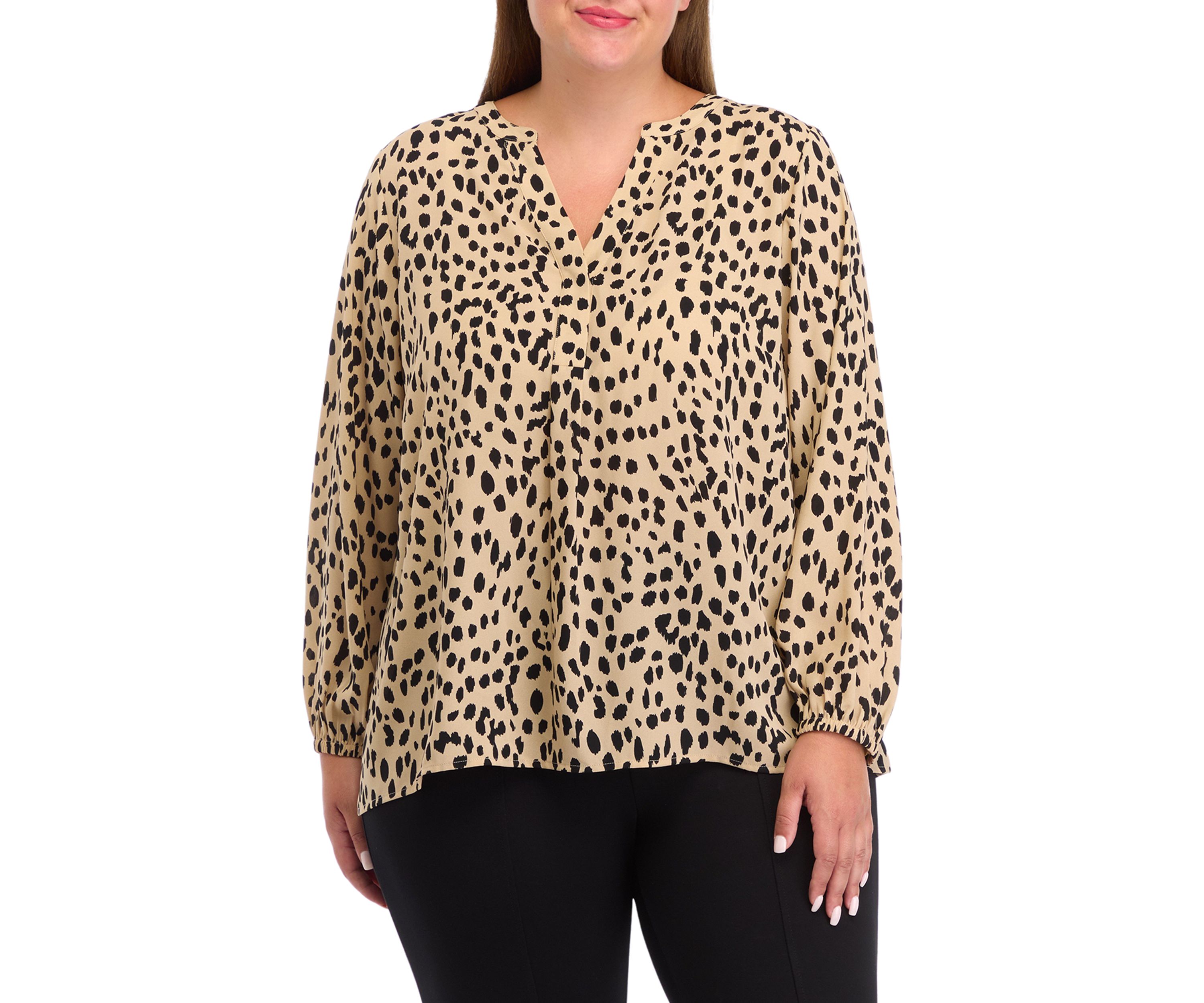 Plus Size Long Sleeve Split Neck Woven Top 