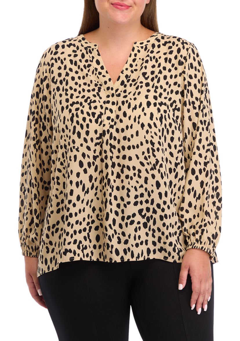 Plus Size Long Sleeve Split Neck Woven Top 