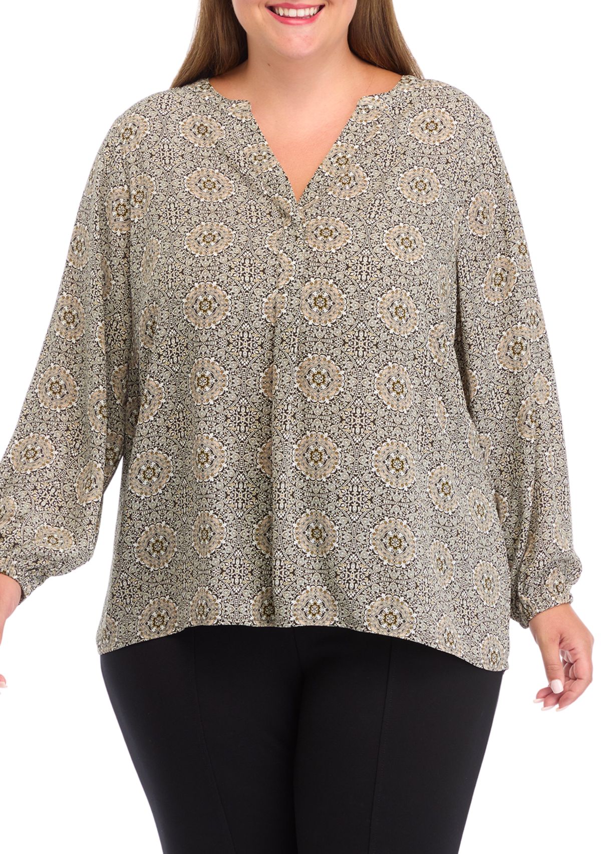 Plus Size Long Sleeve Split Neck Woven Top 