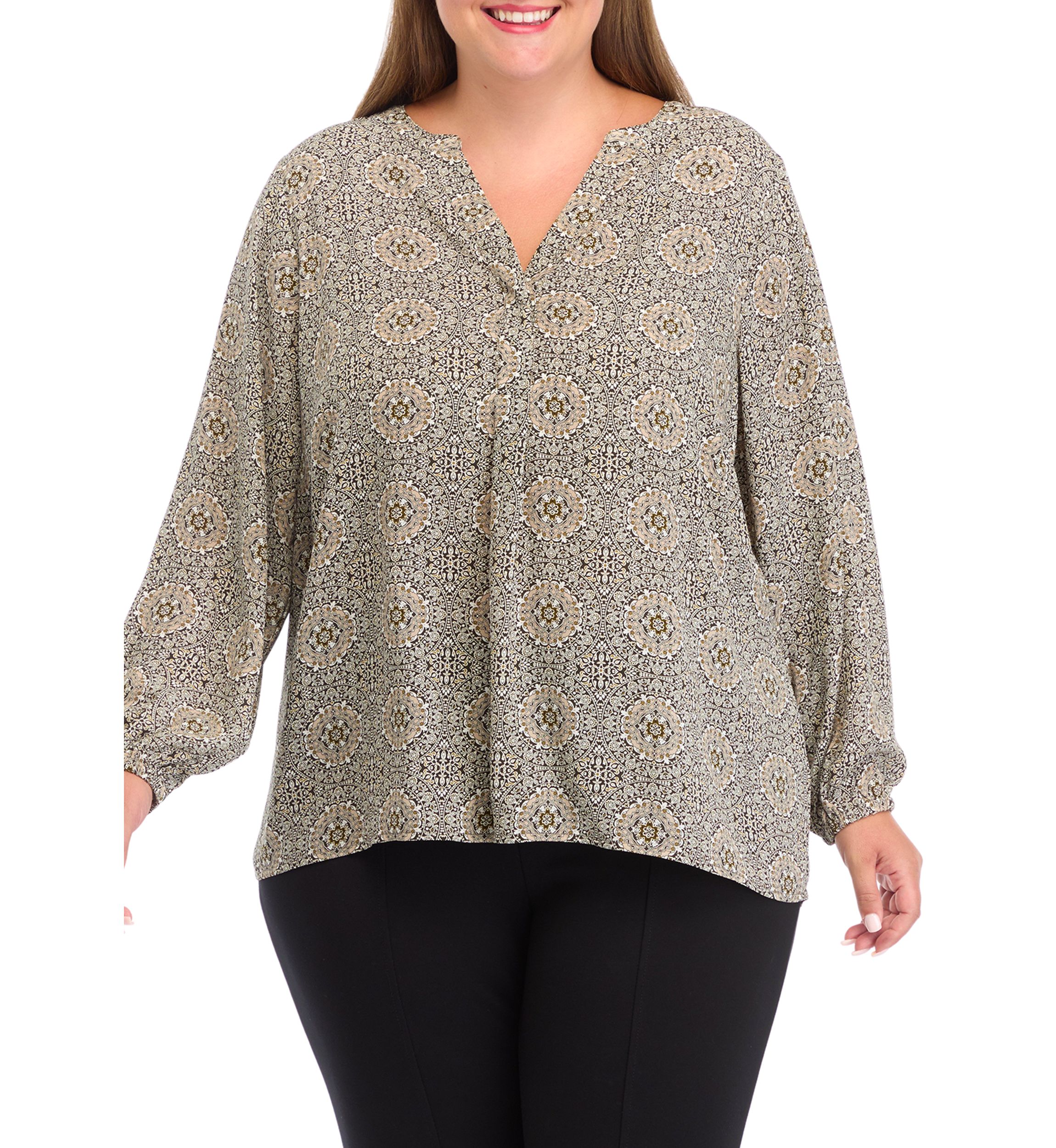 Plus Size Long Sleeve Split Neck Woven Top 