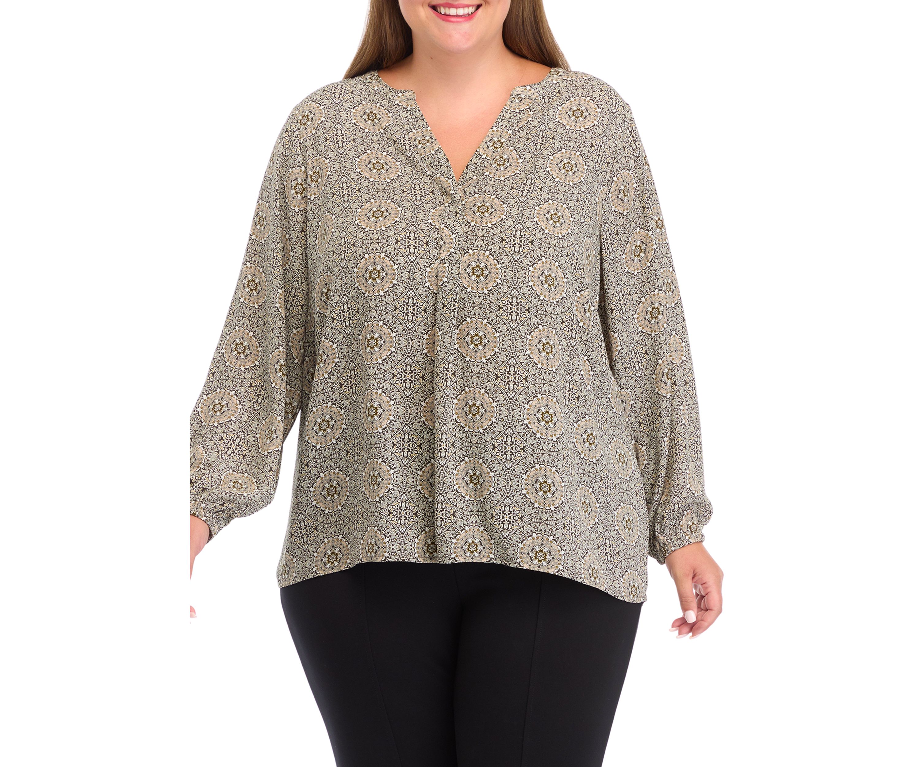 Plus Size Long Sleeve Split Neck Woven Top 