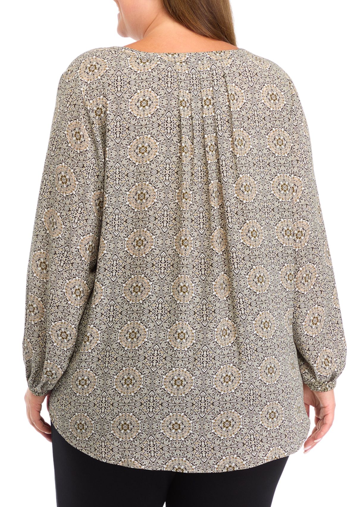 Plus Size Long Sleeve Split Neck Woven Top 