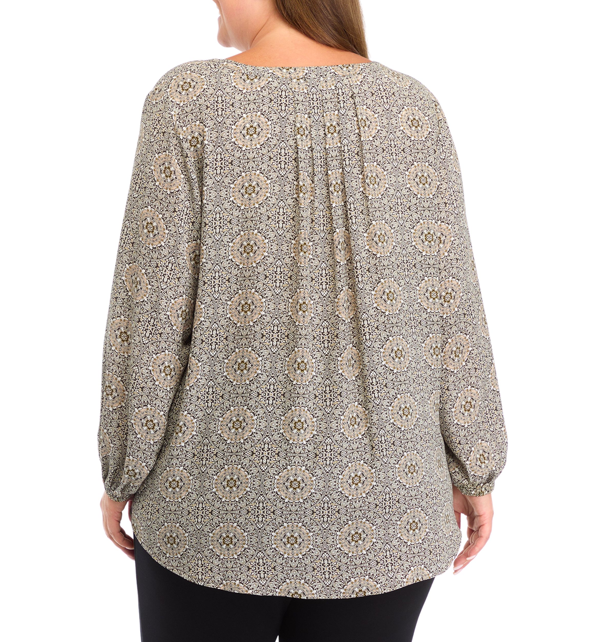 Plus Size Long Sleeve Split Neck Woven Top 