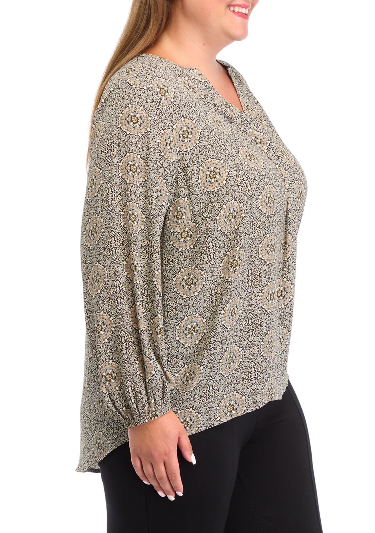 Plus Size Long Sleeve Split Neck Woven Top 