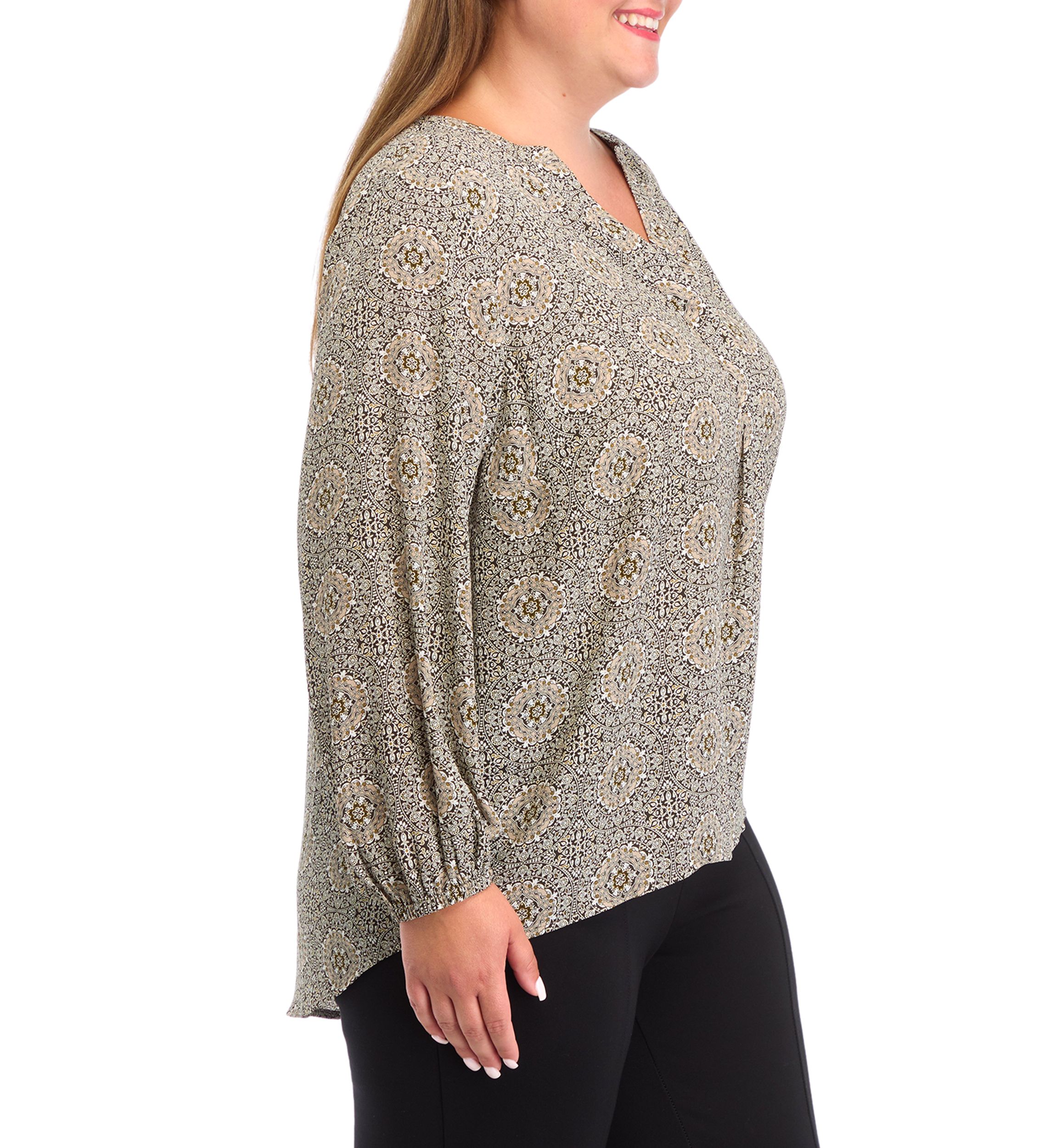 Plus Size Long Sleeve Split Neck Woven Top 