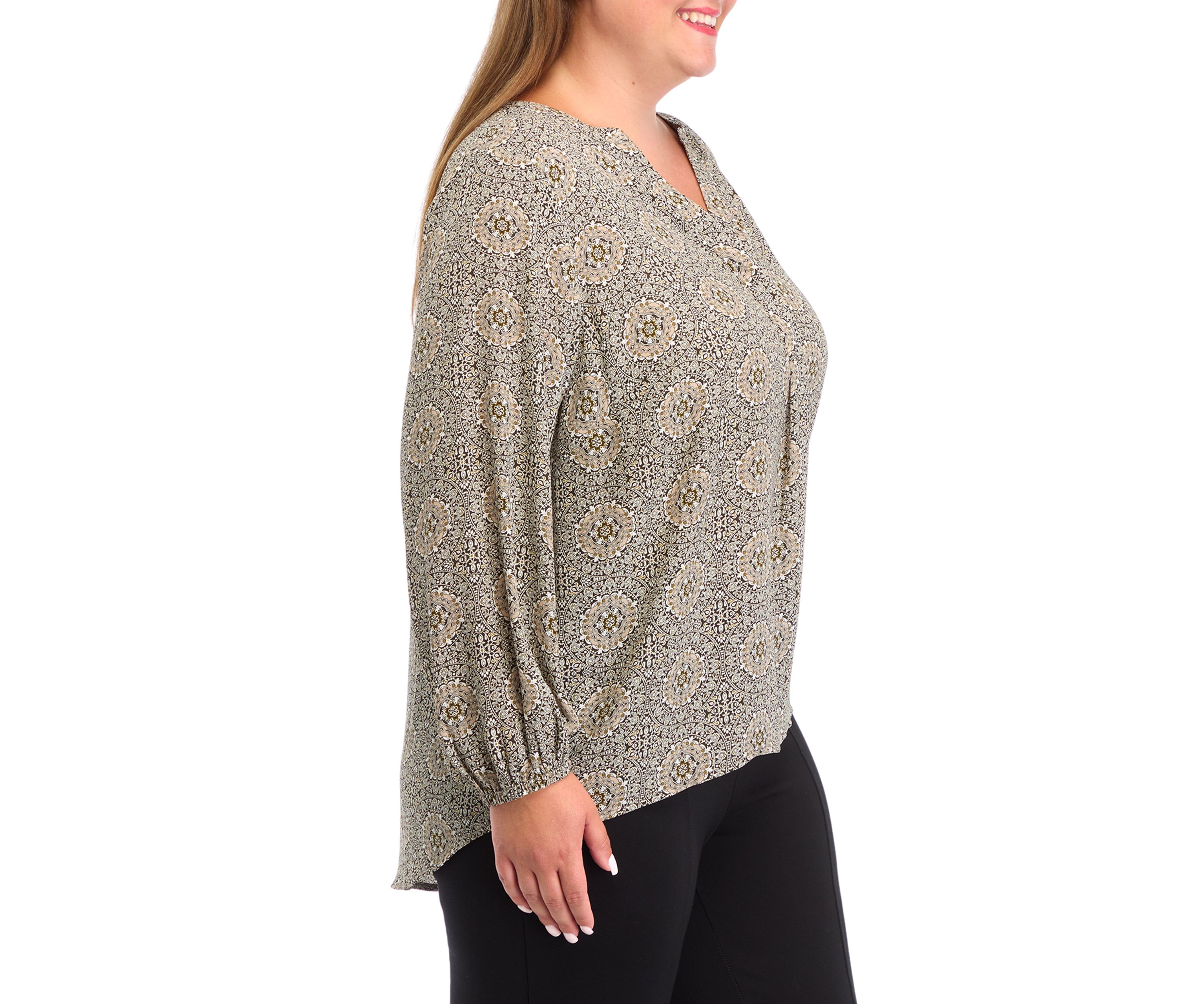 Plus Size Long Sleeve Split Neck Woven Top 
