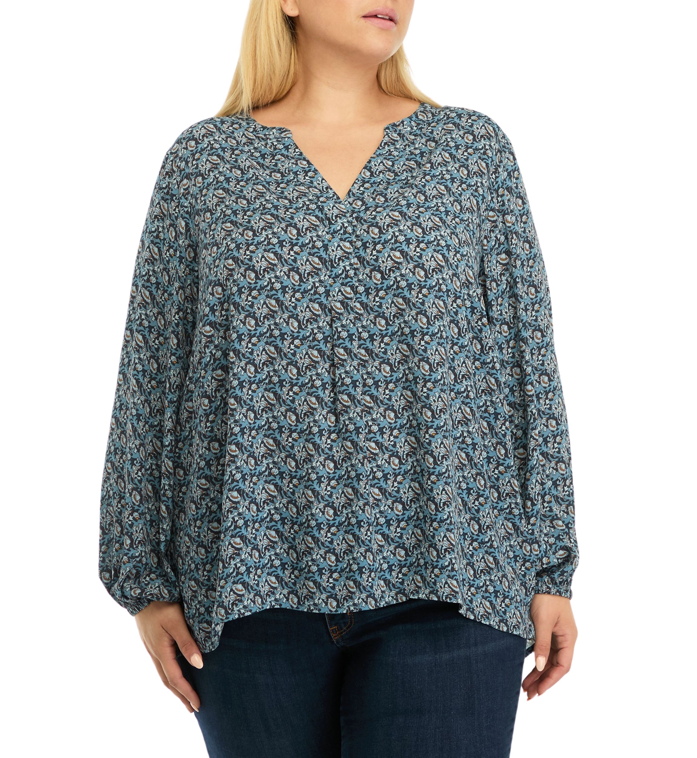 Plus Size Long Sleeve Split Neck Woven Shirt