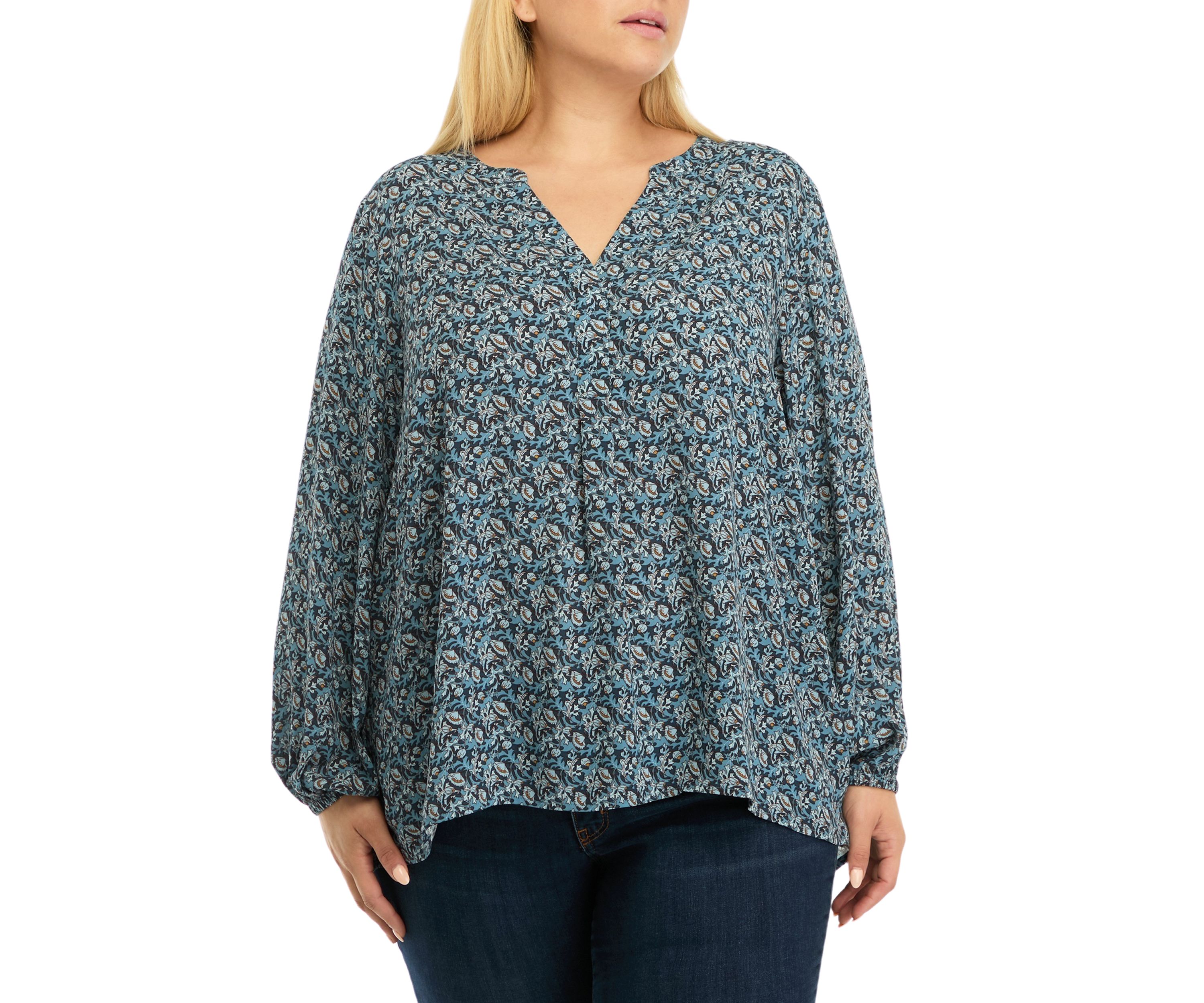 Plus Size Long Sleeve Split Neck Woven Shirt