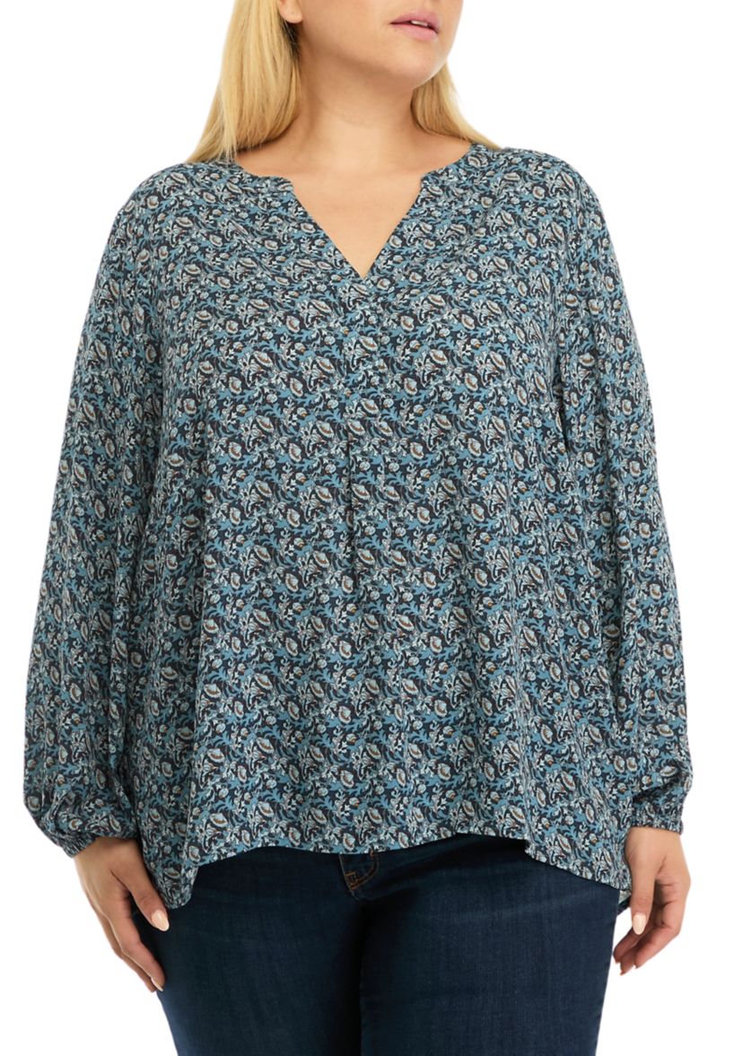 Plus Size Long Sleeve Split Neck Woven Shirt