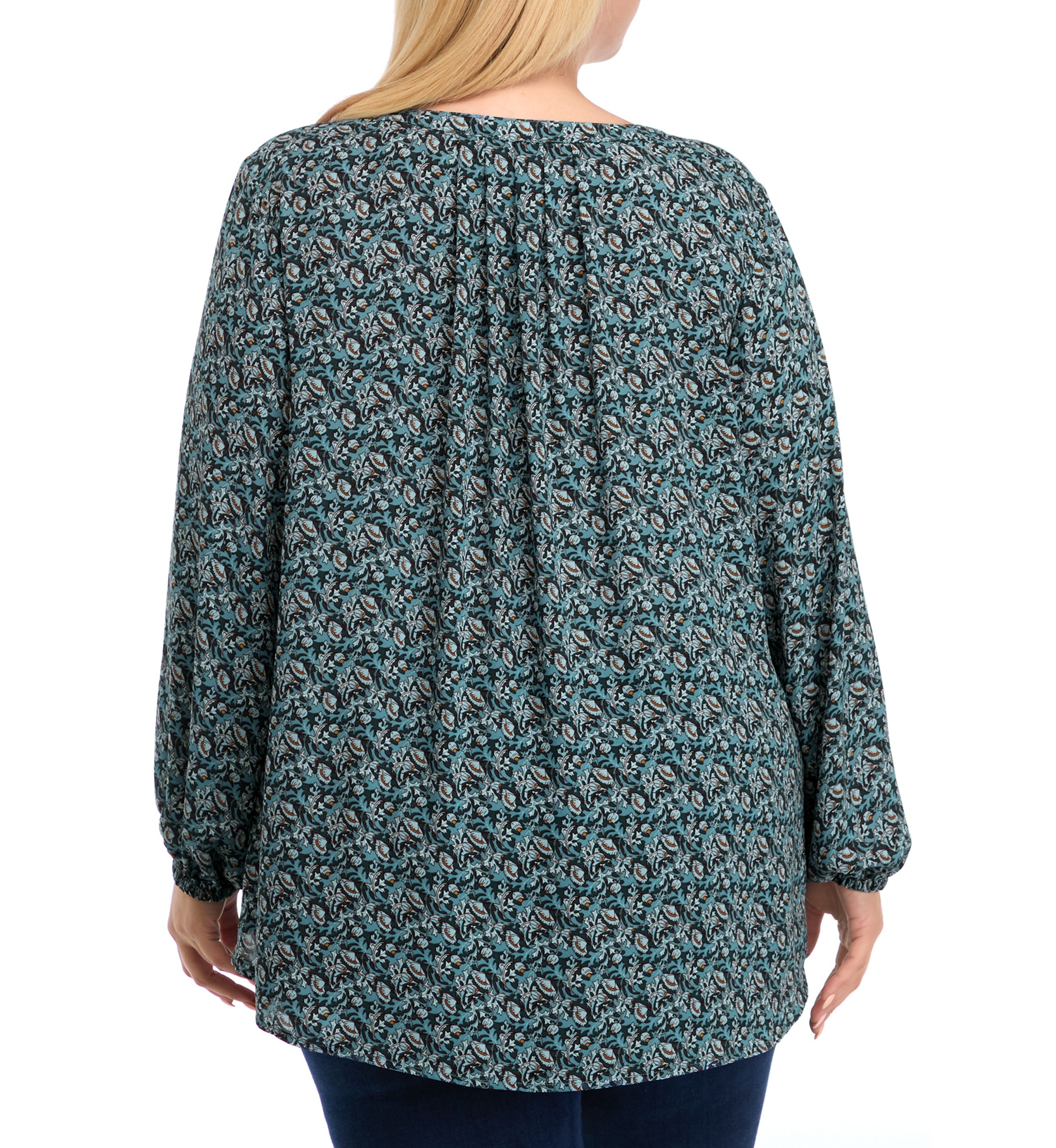 Plus Size Long Sleeve Split Neck Woven Shirt