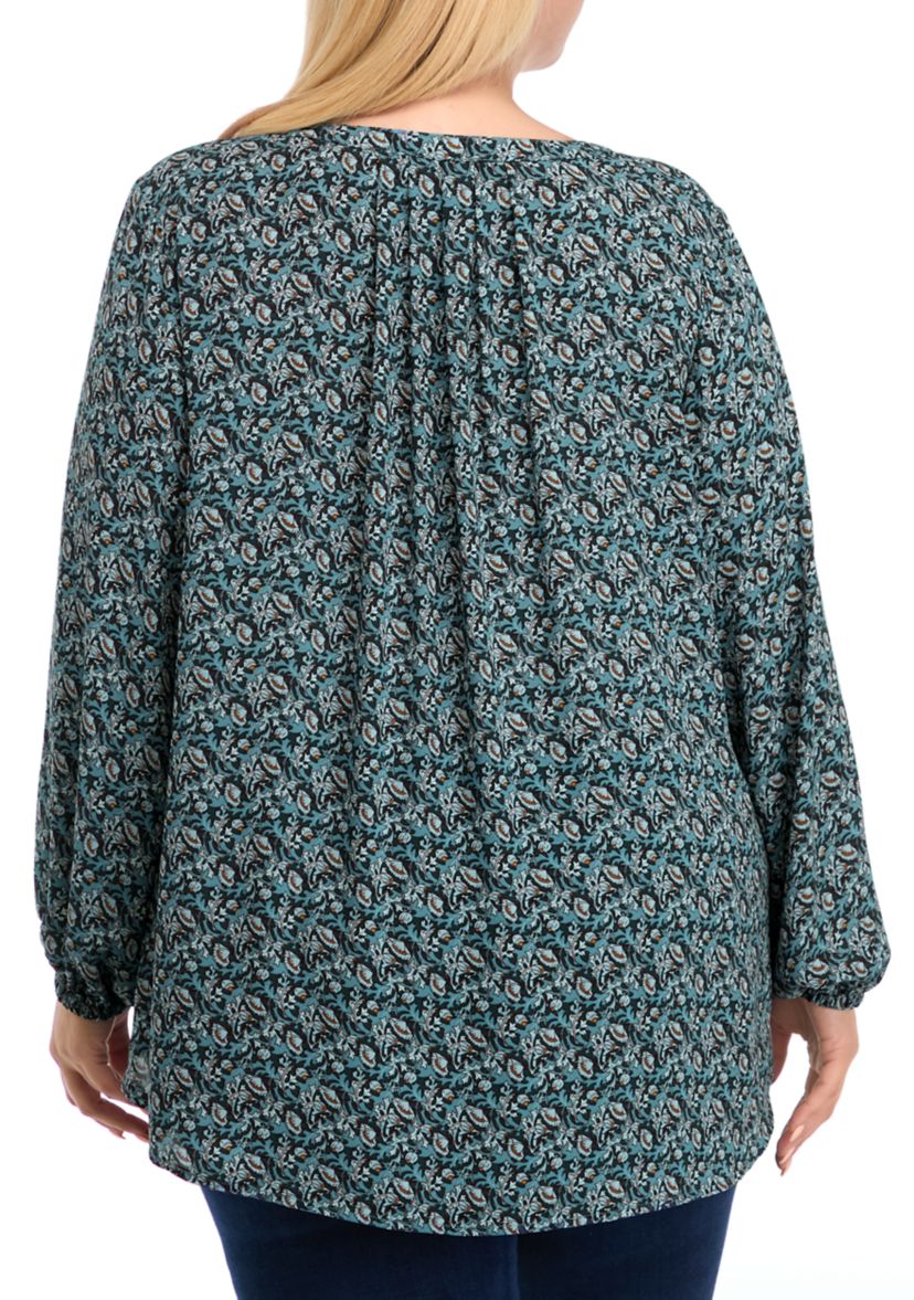 Plus Size Long Sleeve Split Neck Woven Shirt