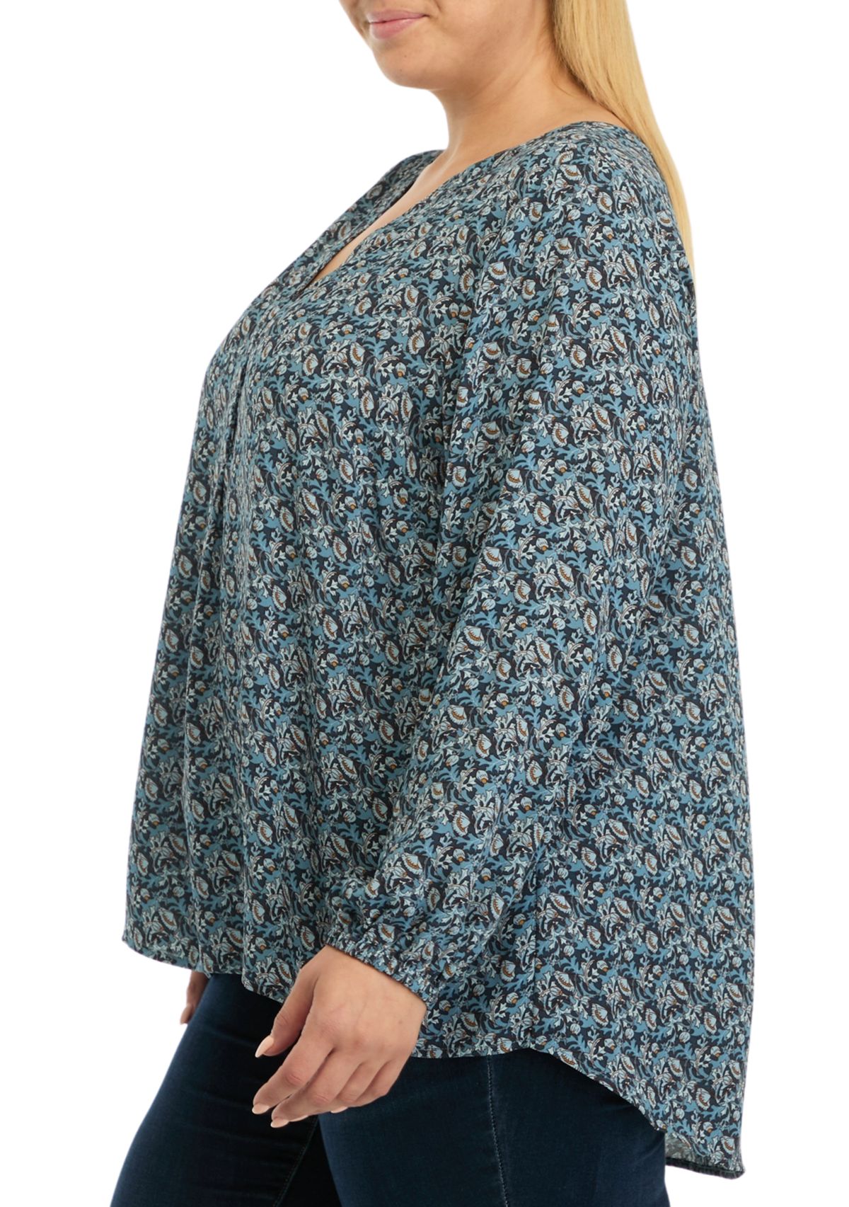 Plus Size Long Sleeve Split Neck Woven Shirt