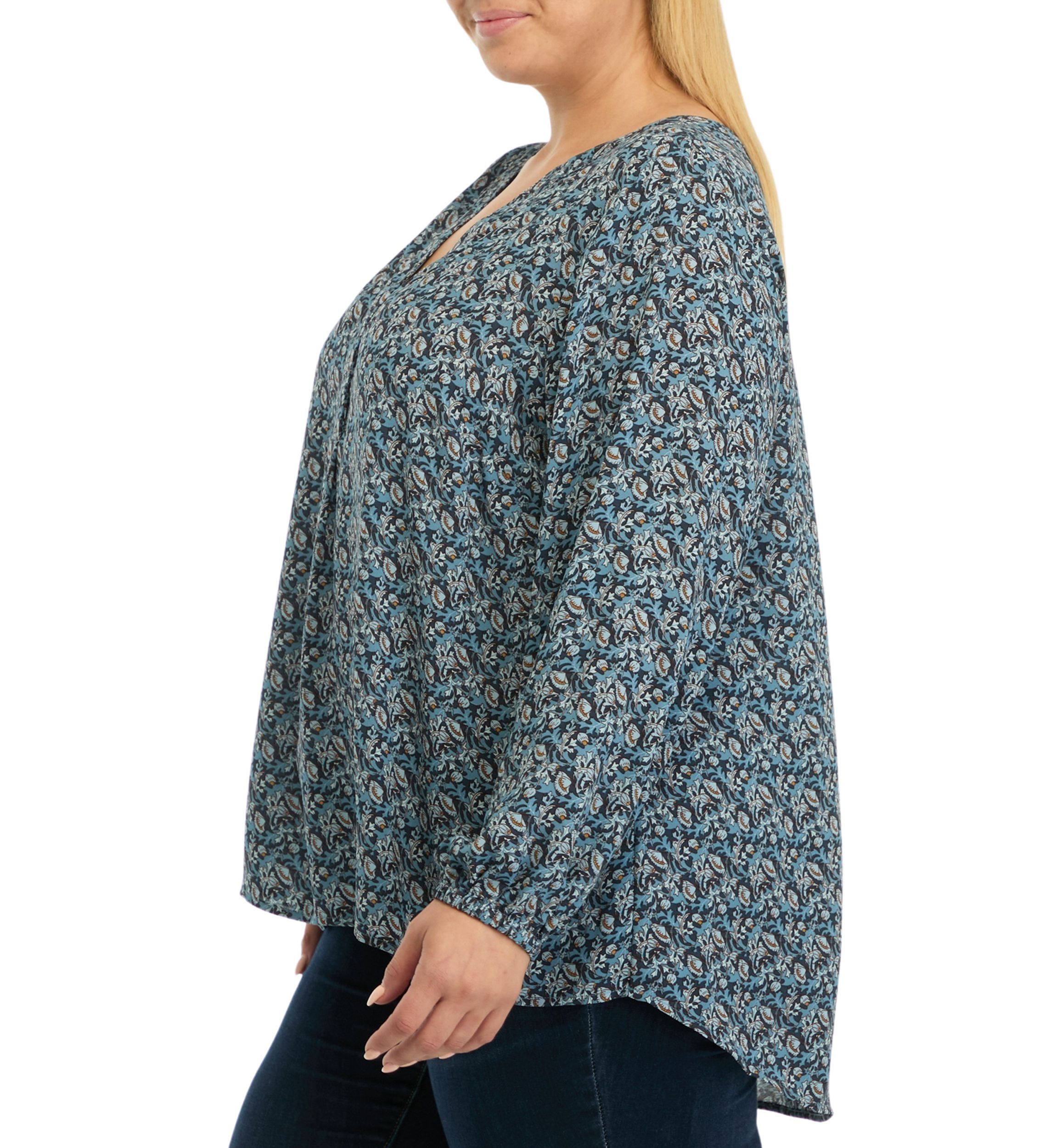 Plus Size Long Sleeve Split Neck Woven Shirt
