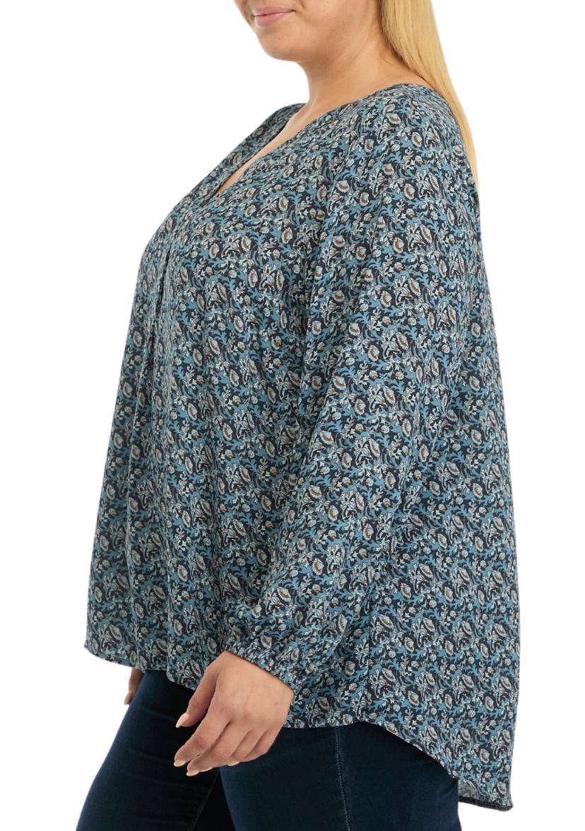 Plus Size Long Sleeve Split Neck Woven Shirt