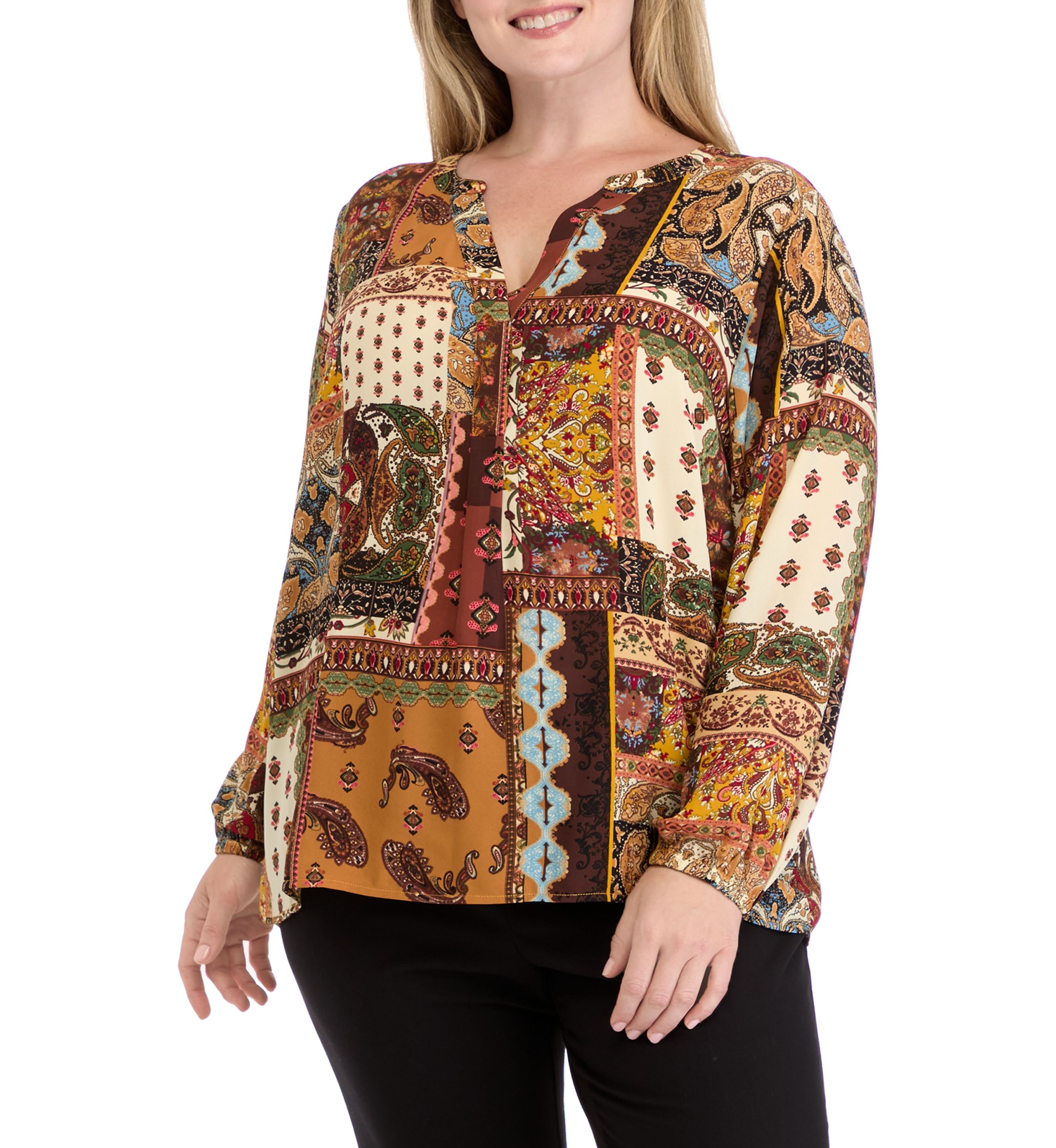Plus Size Long Sleeve Split Neck Woven Top