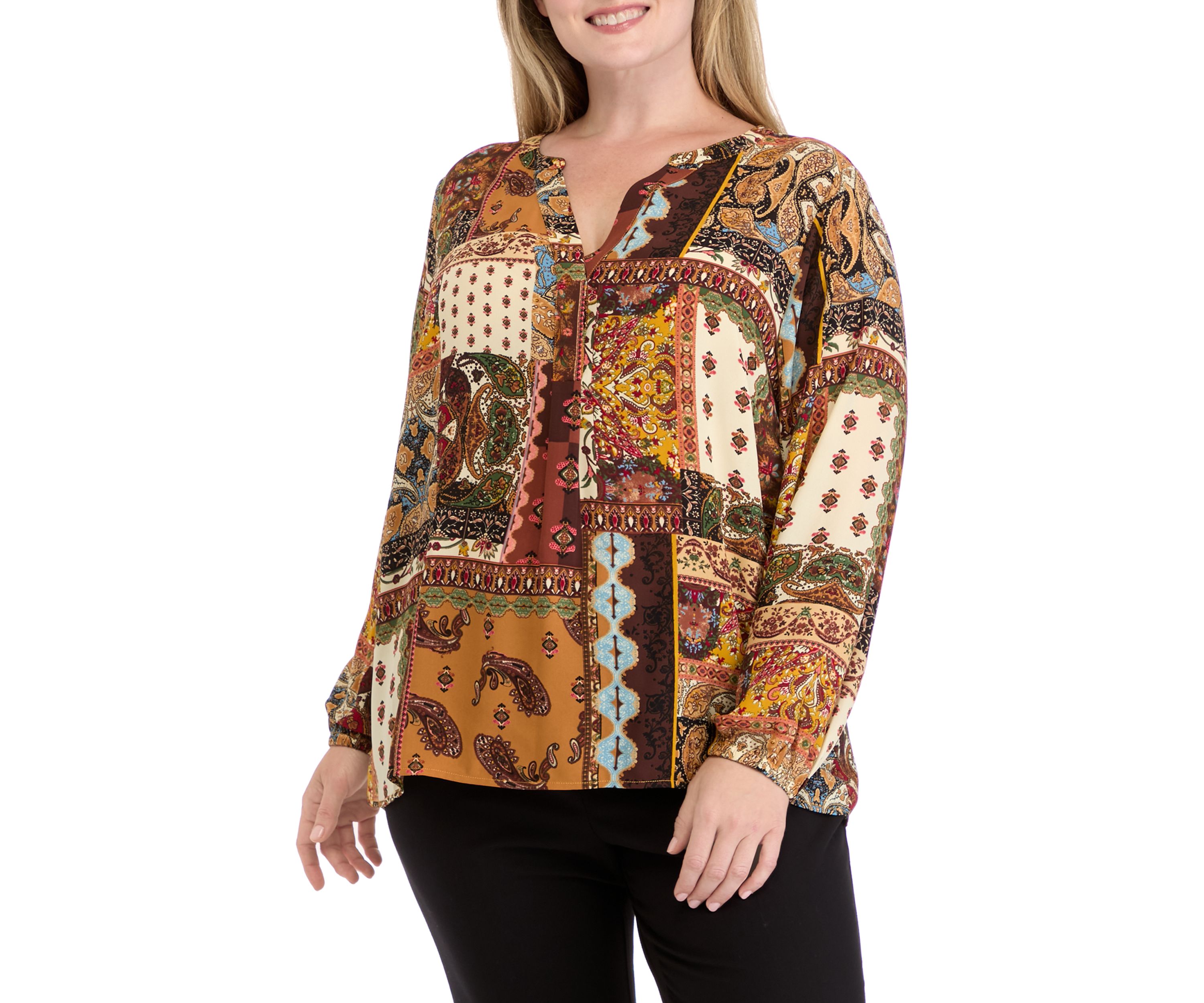 Plus Size Long Sleeve Split Neck Woven Top