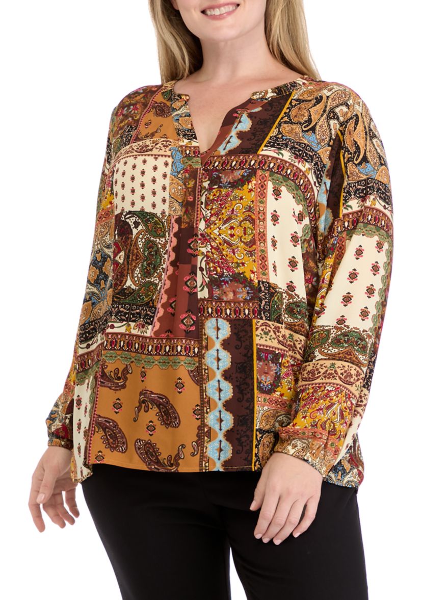 Plus Size Long Sleeve Split Neck Woven Top