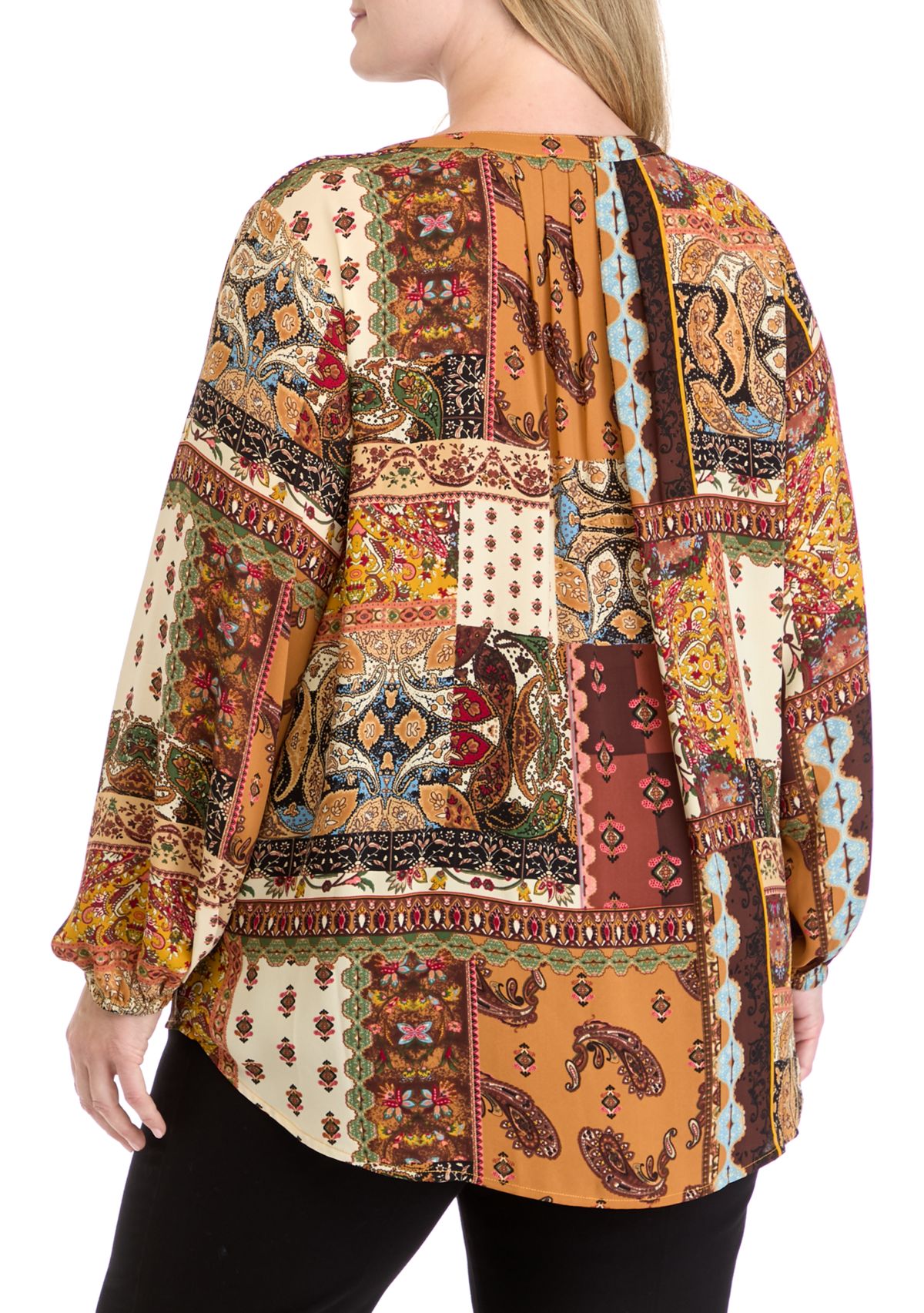 Plus Size Long Sleeve Split Neck Woven Top