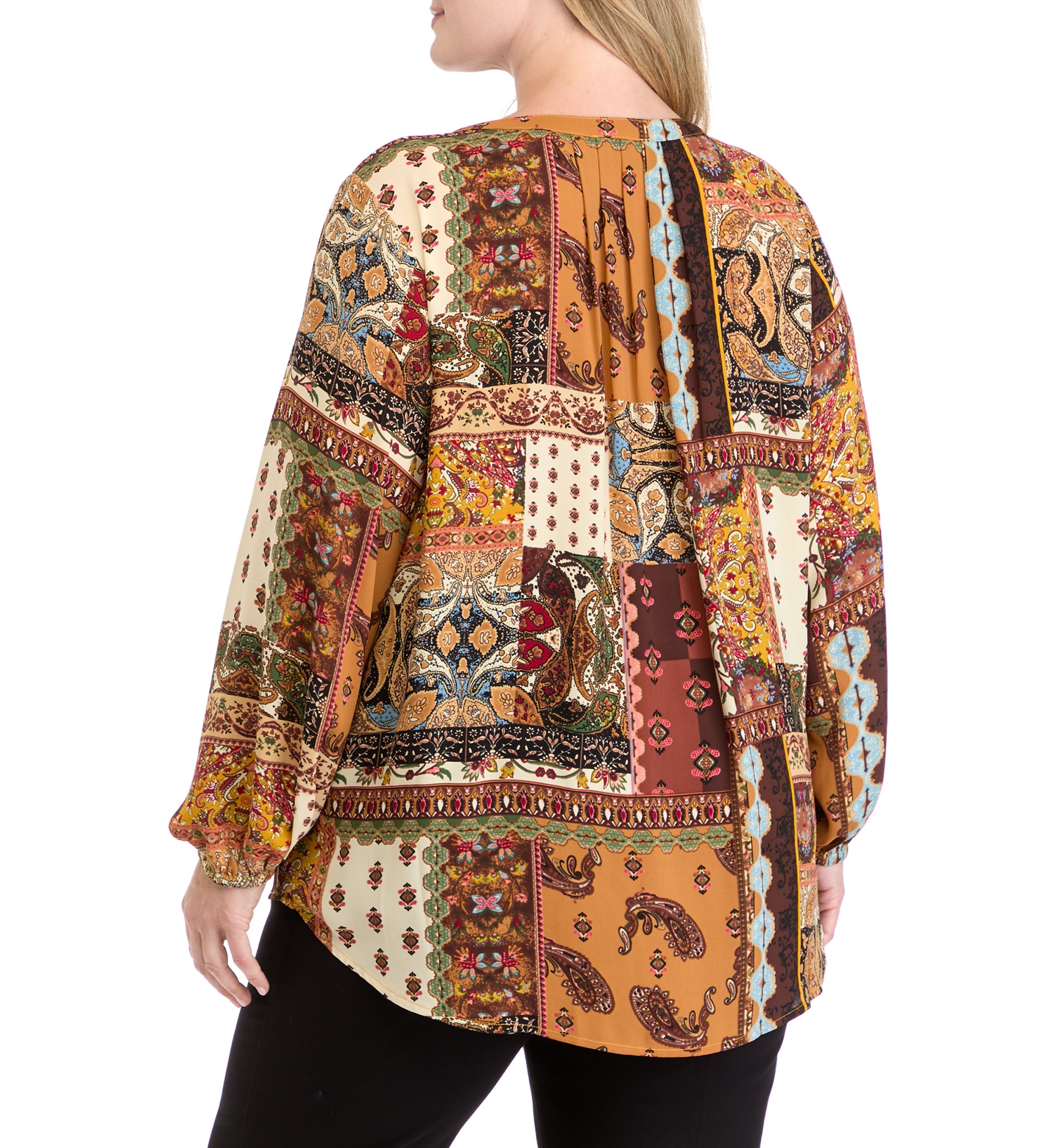 Plus Size Long Sleeve Split Neck Woven Top