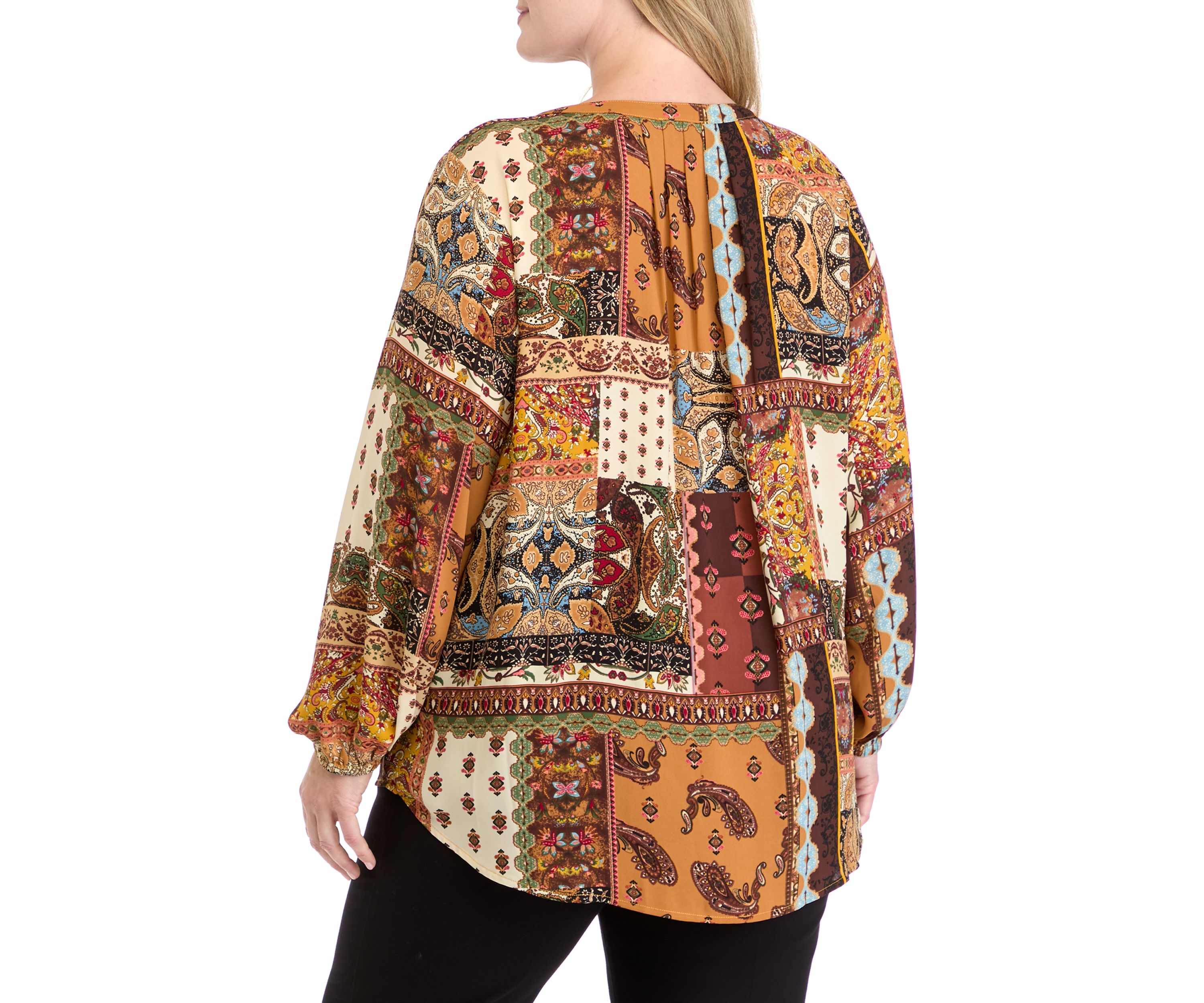 Plus Size Long Sleeve Split Neck Woven Top
