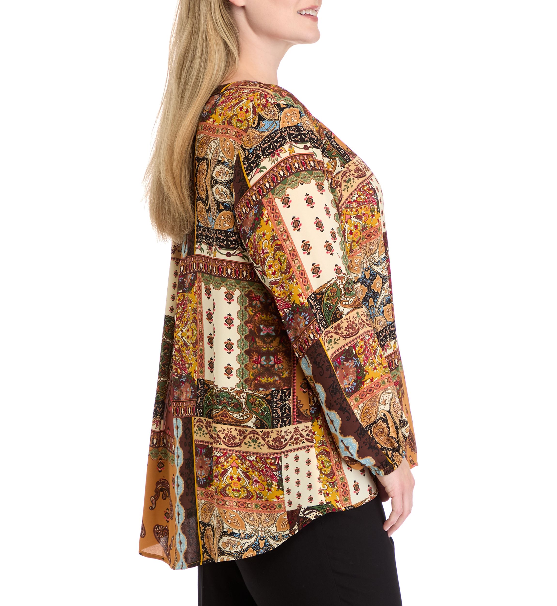 Plus Size Long Sleeve Split Neck Woven Top