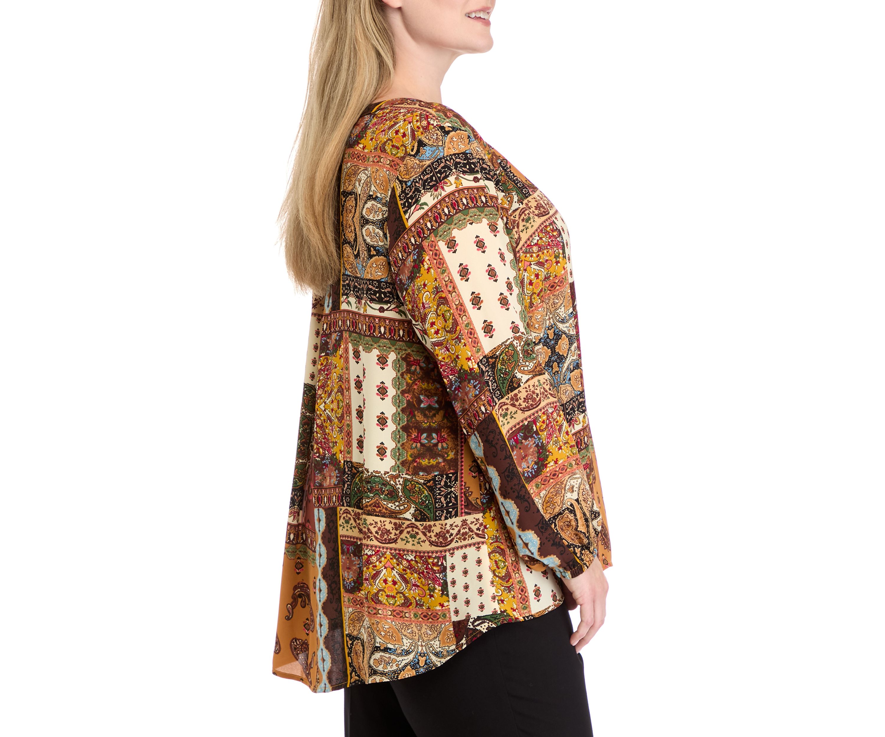 Plus Size Long Sleeve Split Neck Woven Top
