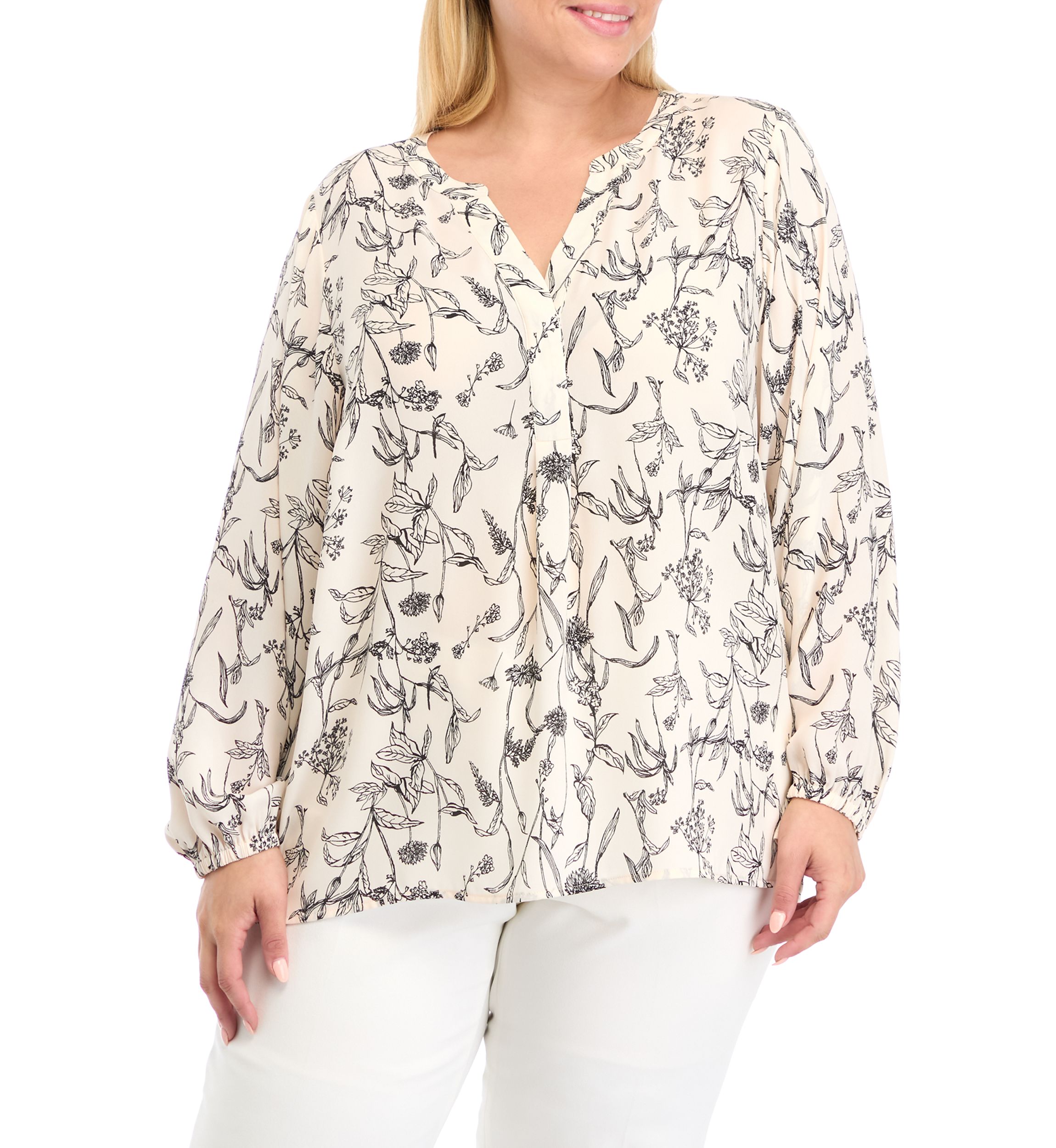 Plus Size Long Sleeve Split Neck Woven Shirt