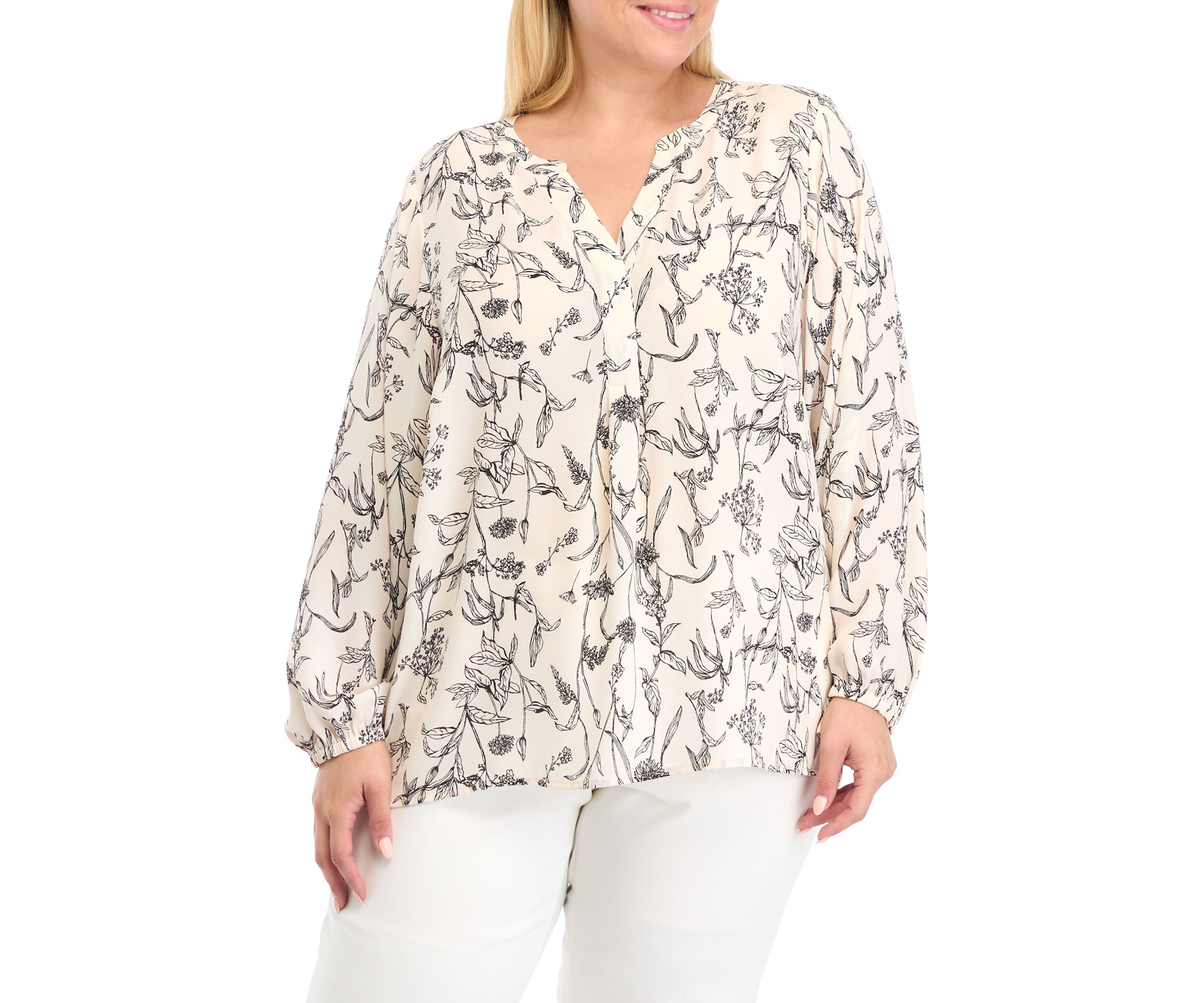 Plus Size Long Sleeve Split Neck Woven Shirt
