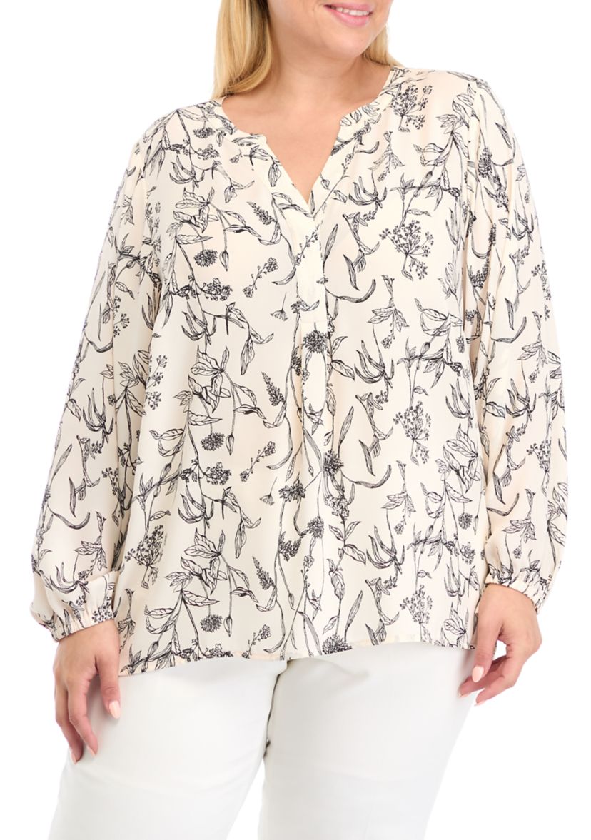Plus Size Long Sleeve Split Neck Woven Shirt