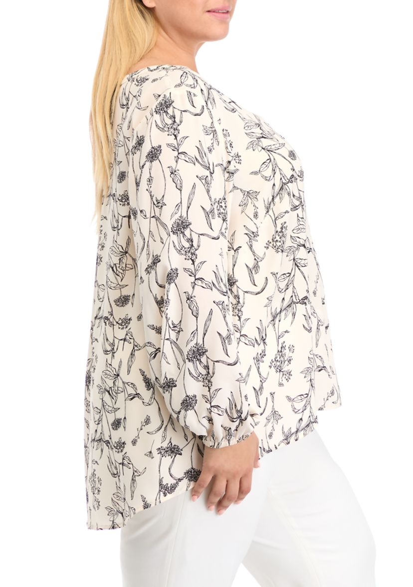 Plus Size Long Sleeve Split Neck Woven Shirt