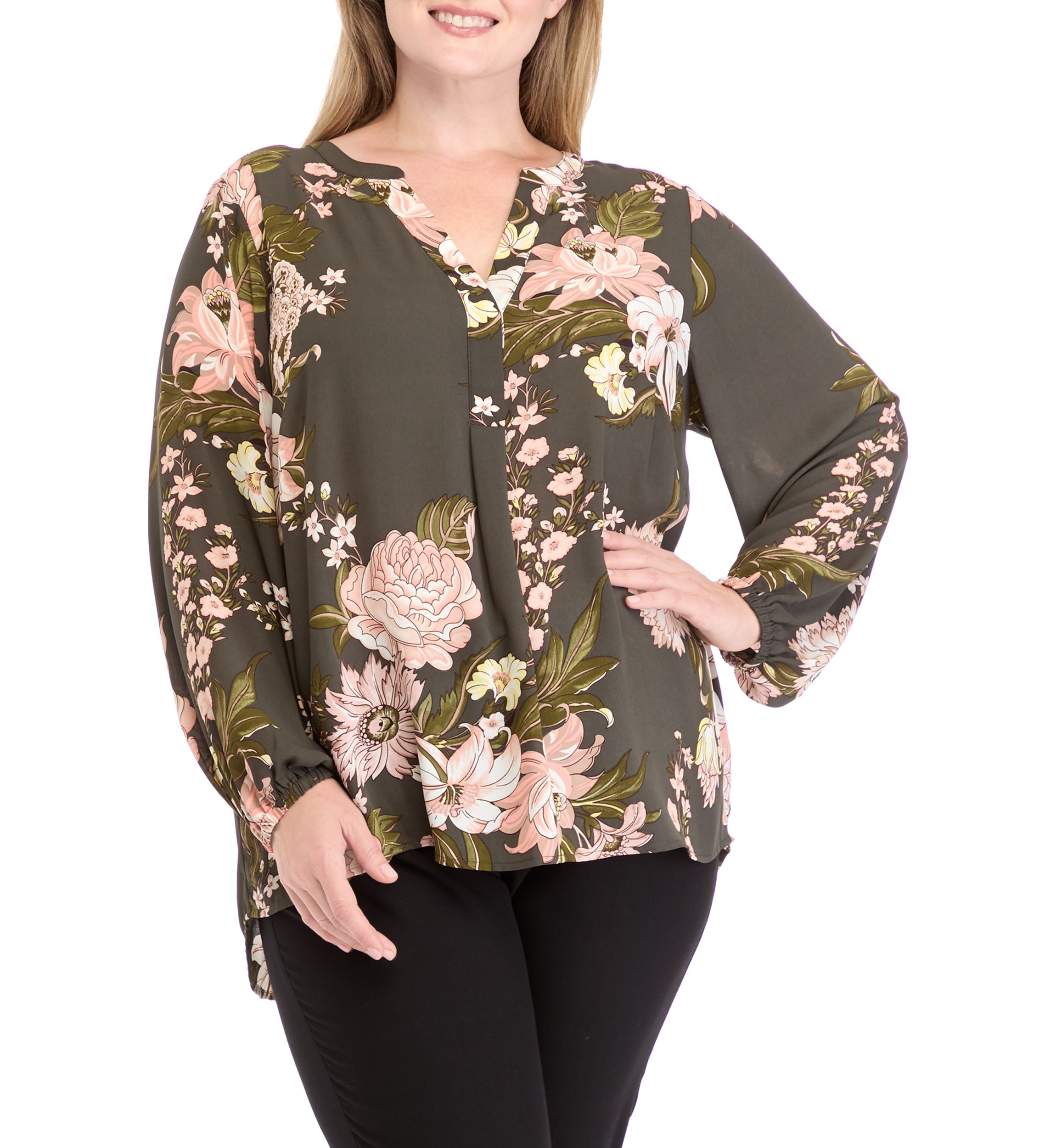 Plus Size Printed Woven Split Neck Blouse
