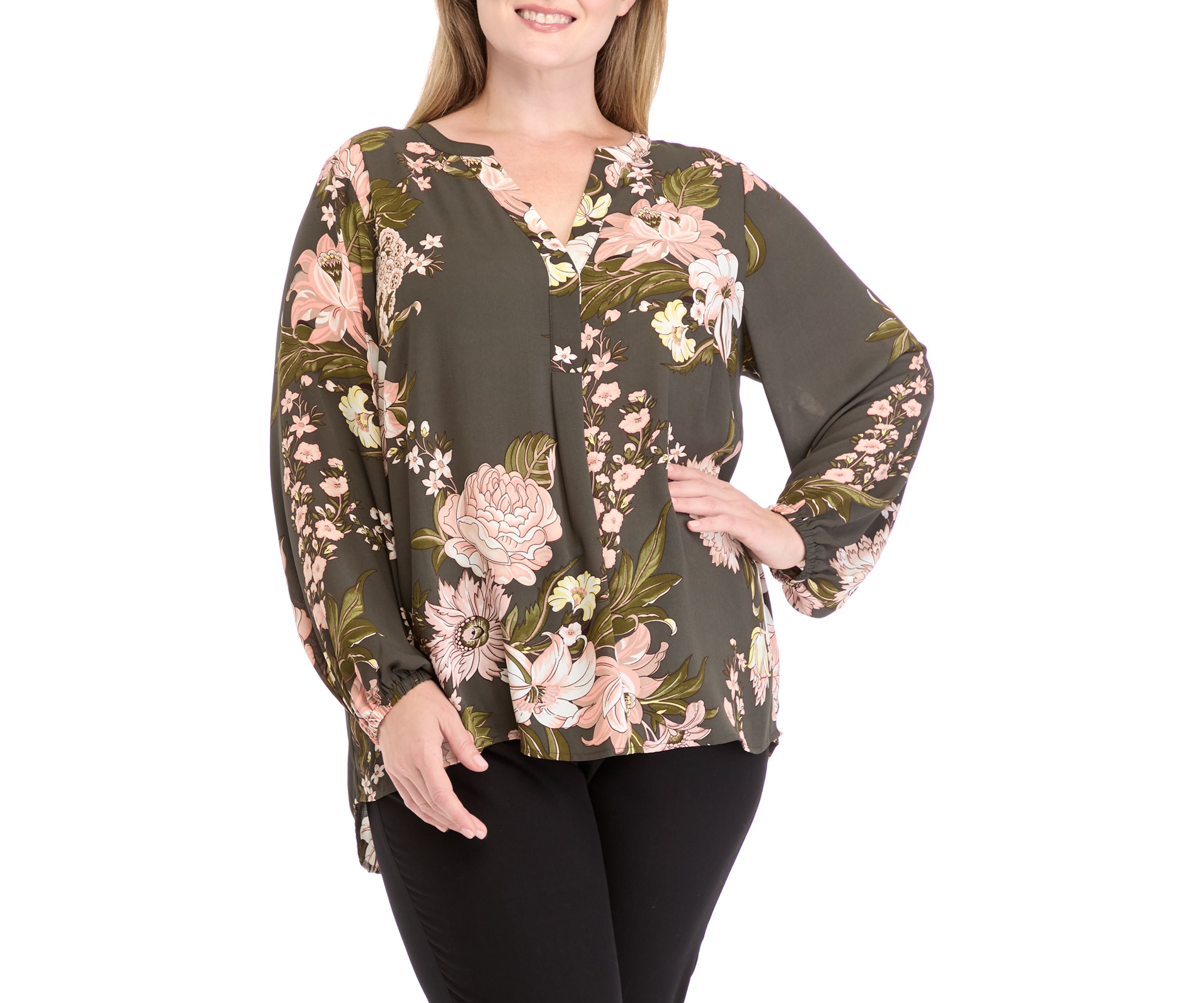 Plus Size Printed Woven Split Neck Blouse