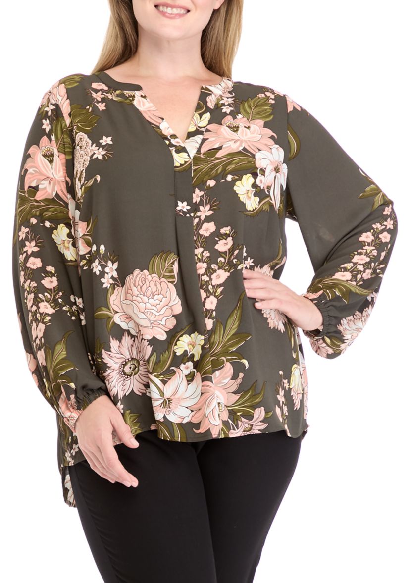 Plus Size Printed Woven Split Neck Blouse