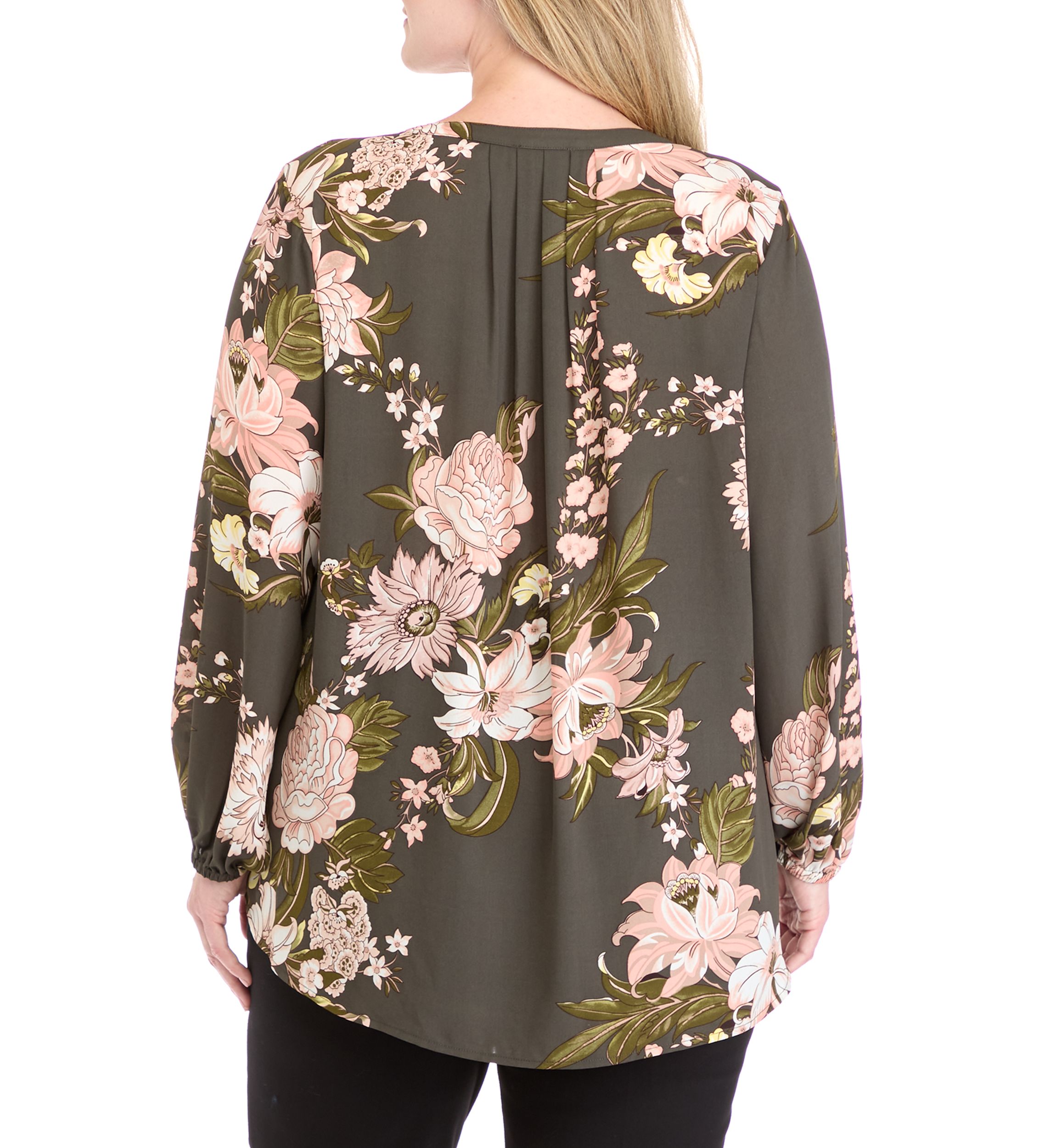 Plus Size Printed Woven Split Neck Blouse