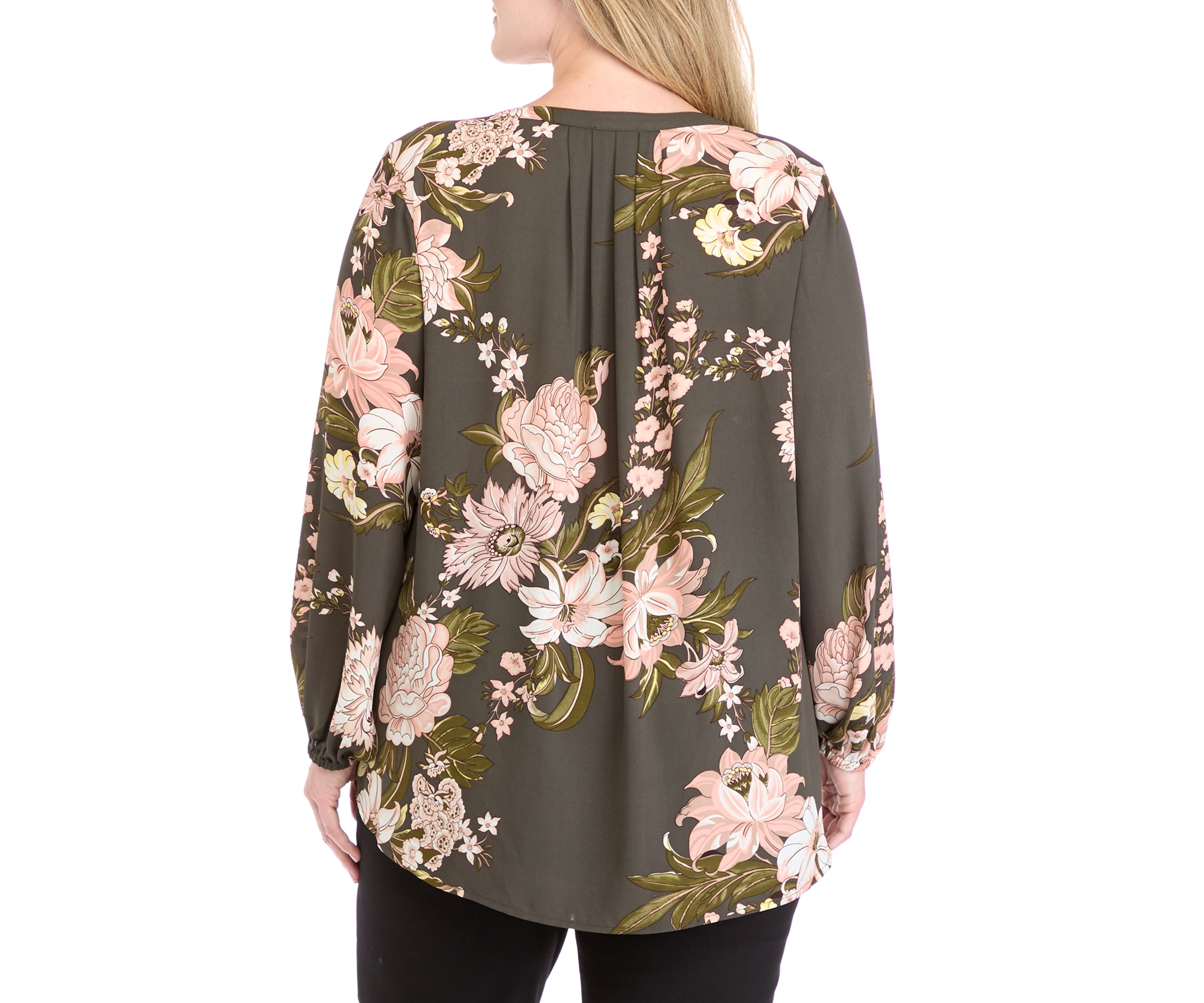 Plus Size Printed Woven Split Neck Blouse