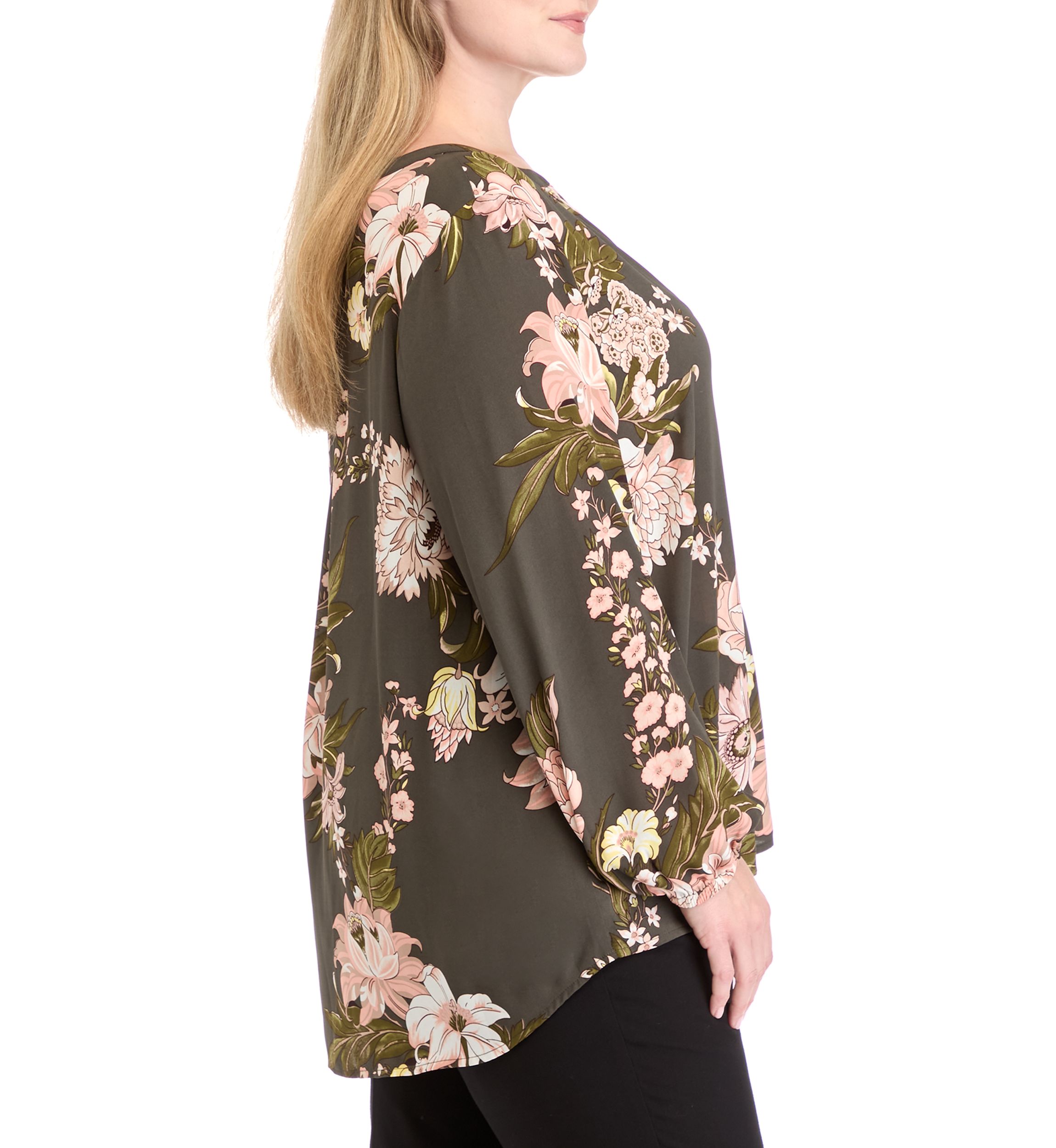 Plus Size Printed Woven Split Neck Blouse