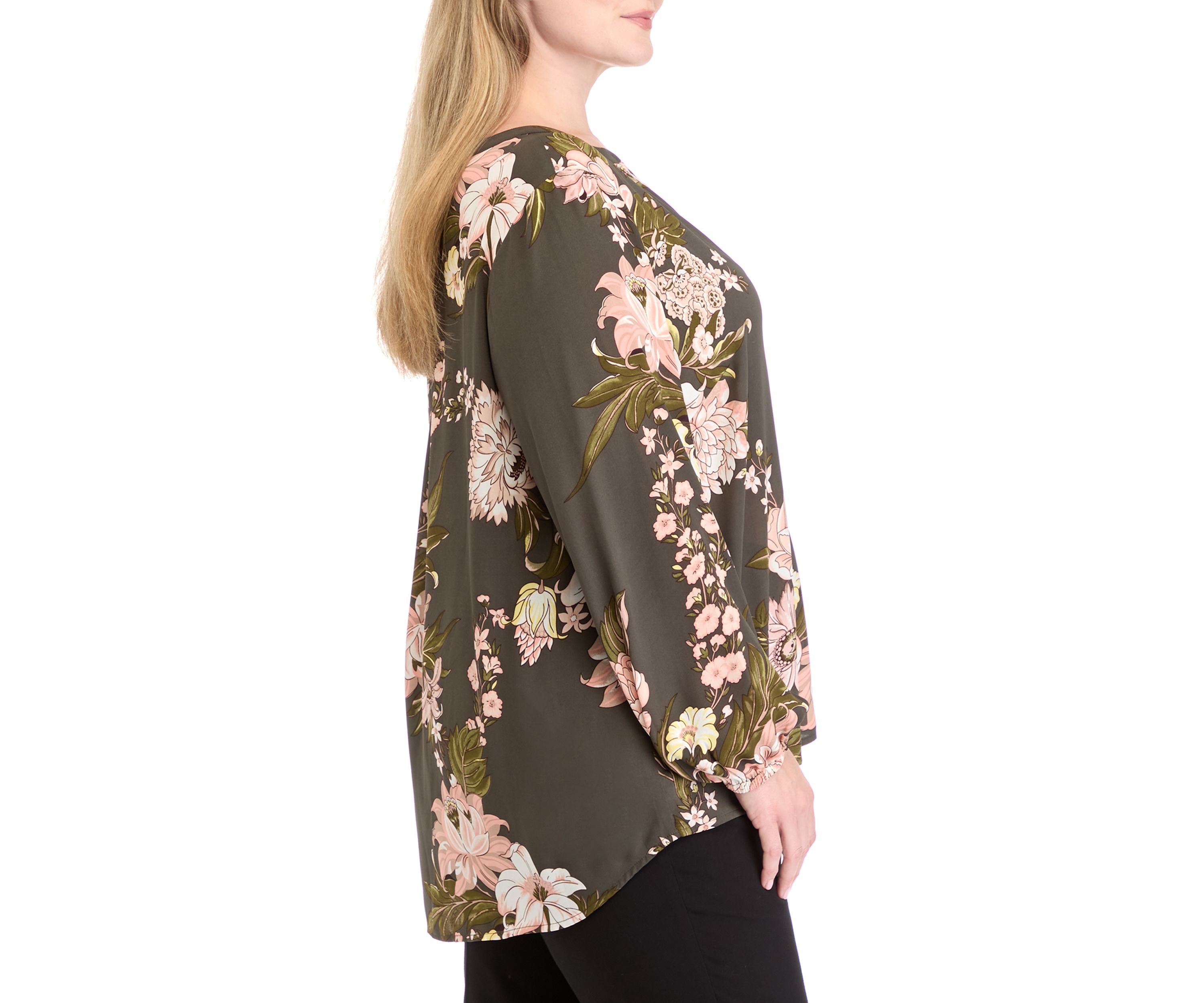 Plus Size Printed Woven Split Neck Blouse