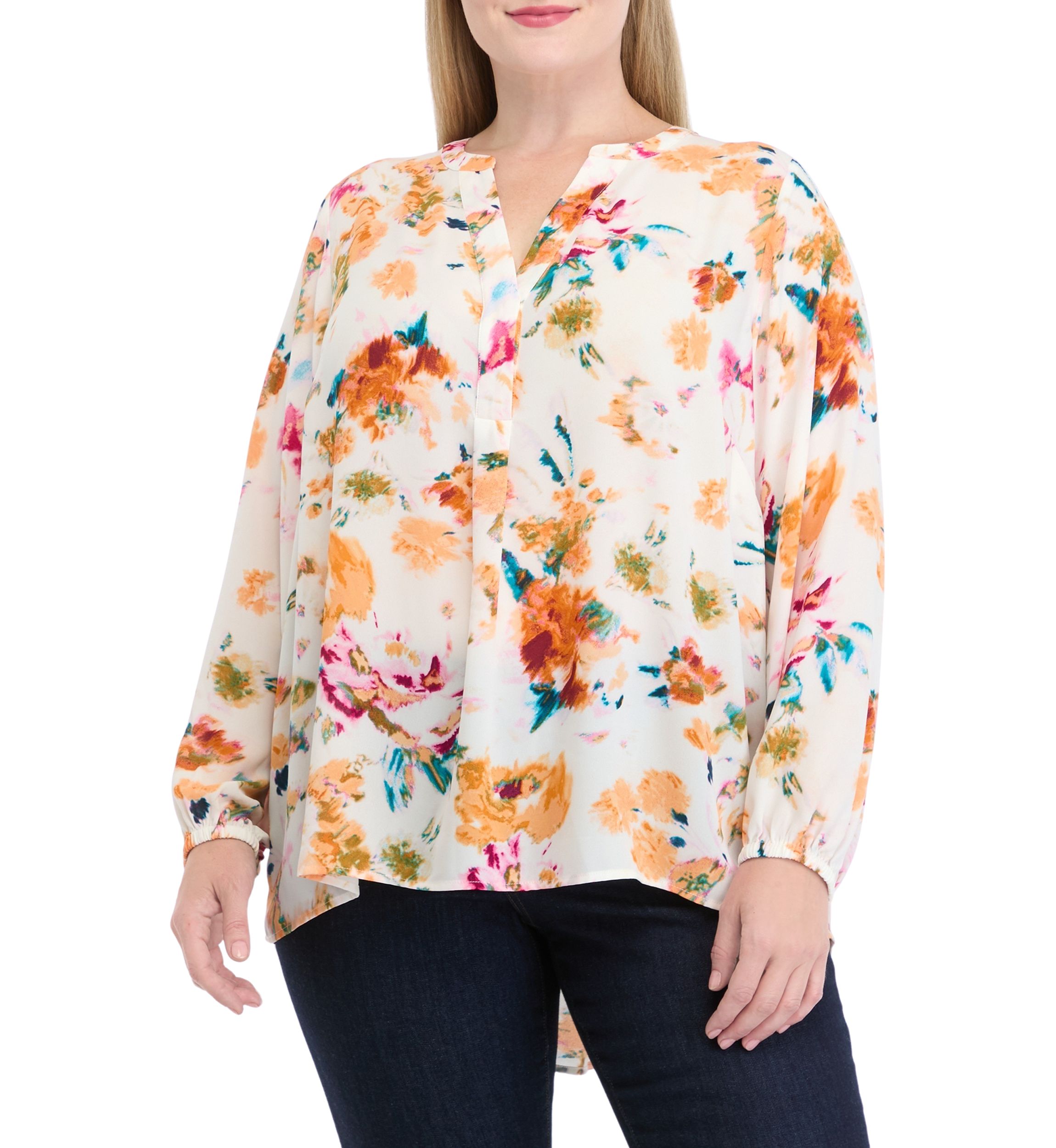 Plus Size Long Sleeve Split Neck Printed Top
