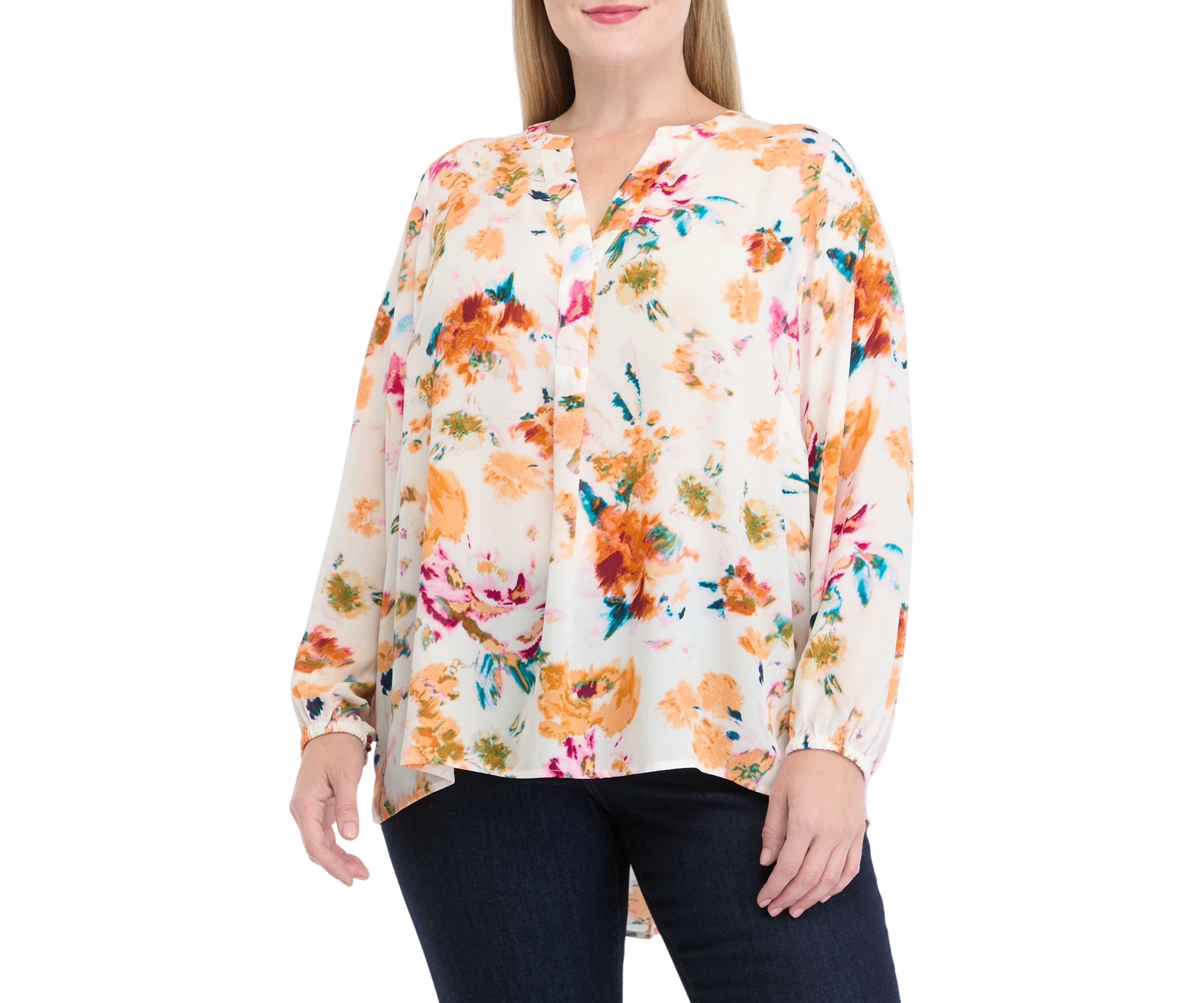 Plus Size Long Sleeve Split Neck Printed Top
