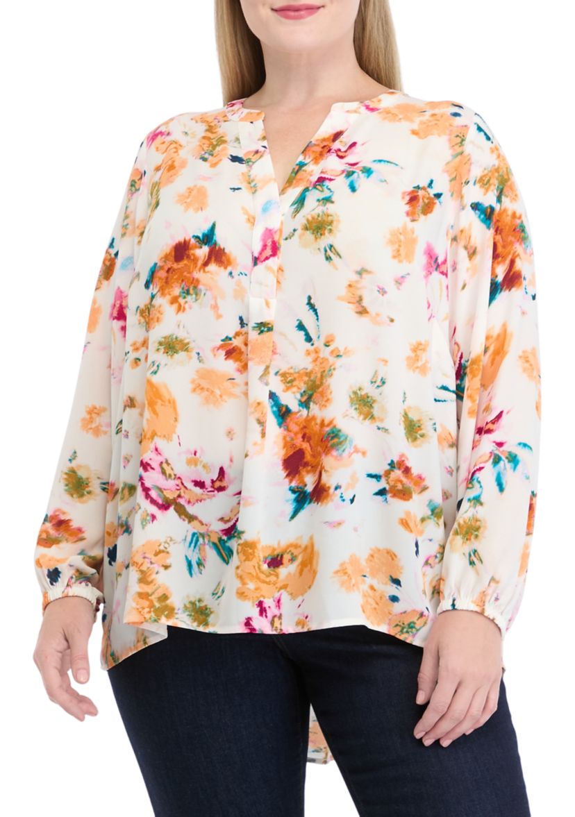 Plus Size Long Sleeve Split Neck Printed Top
