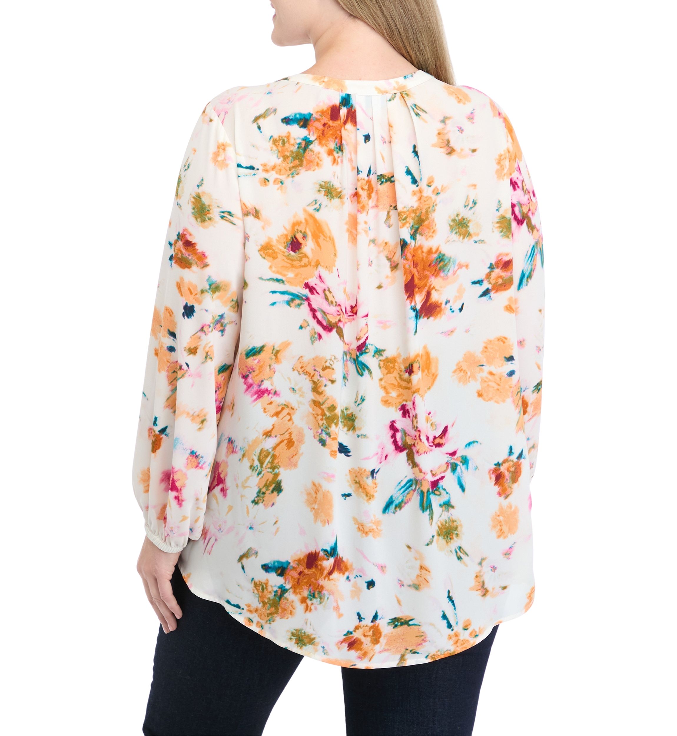 Plus Size Long Sleeve Split Neck Printed Top