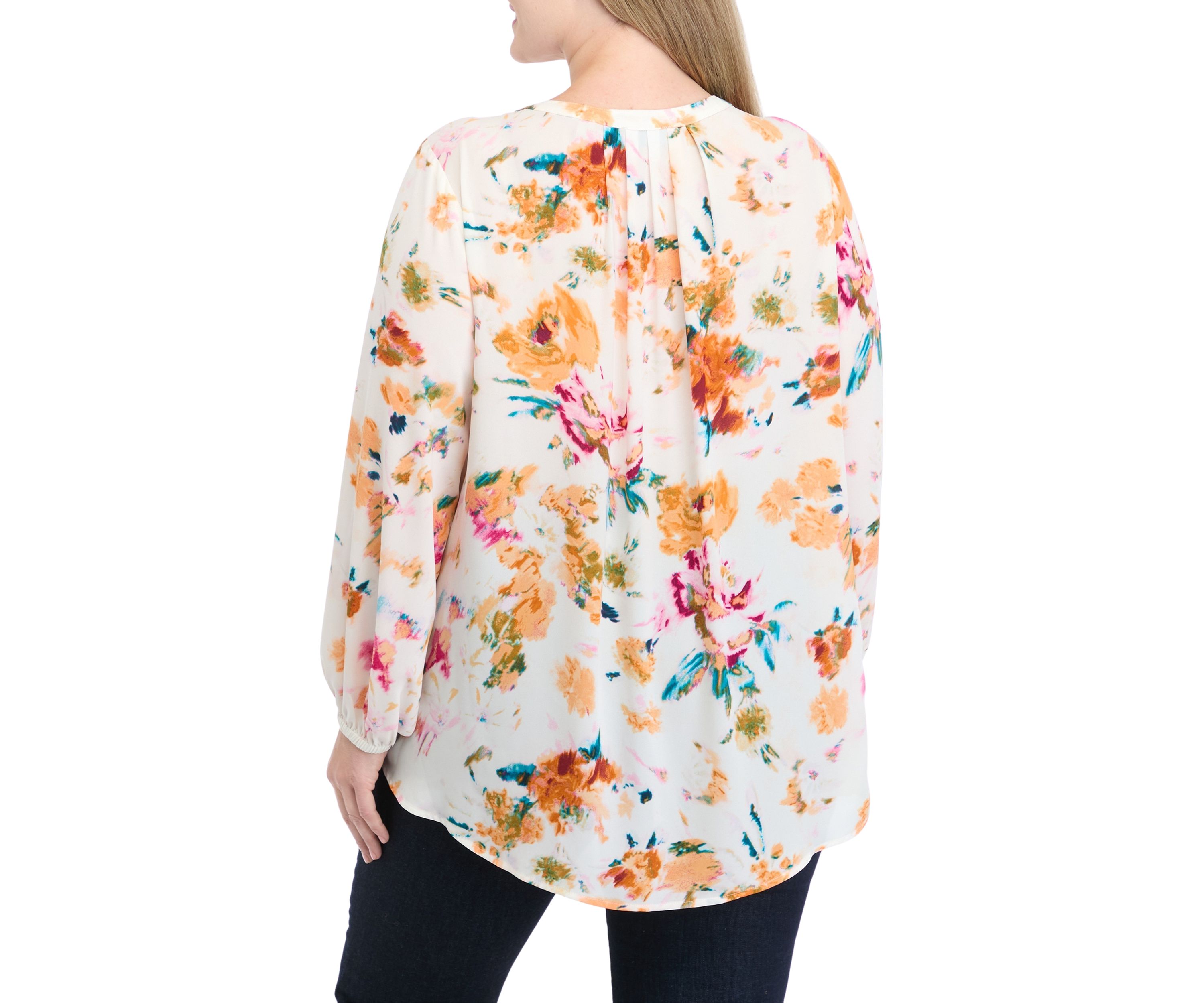 Plus Size Long Sleeve Split Neck Printed Top