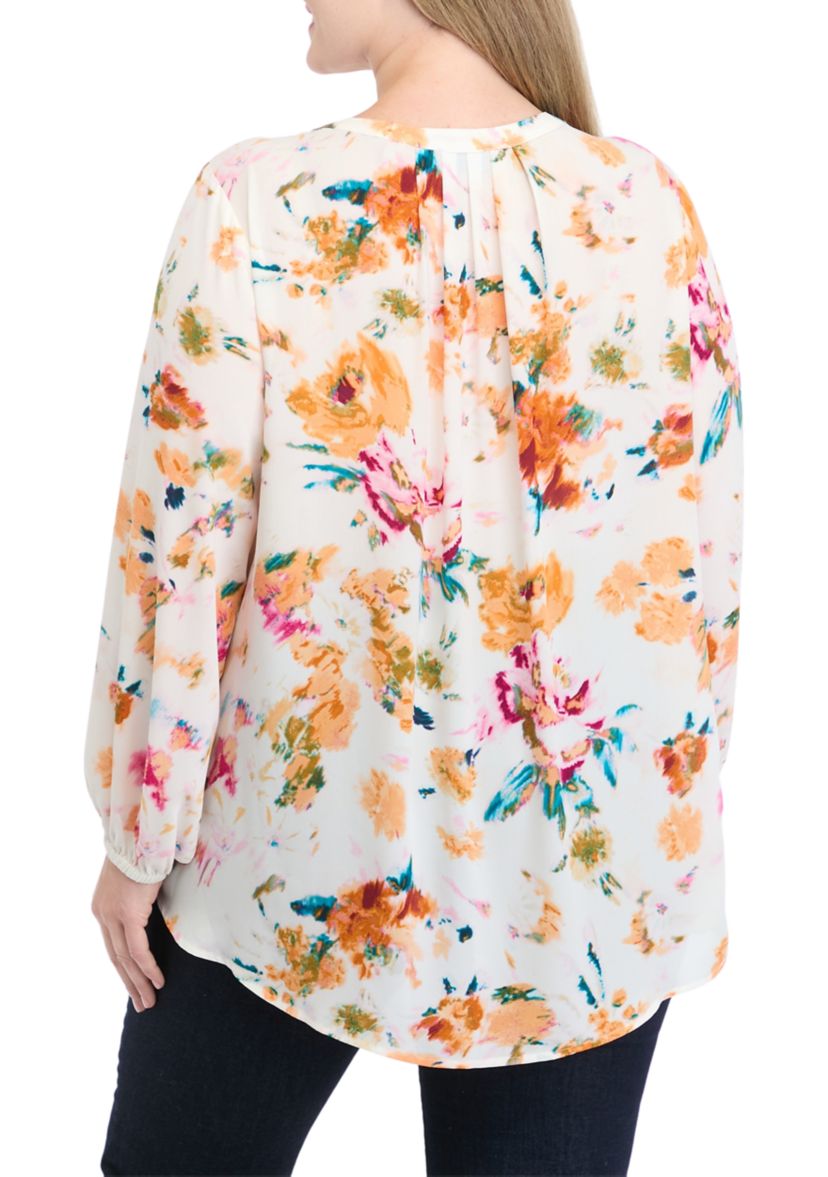 Plus Size Long Sleeve Split Neck Printed Top